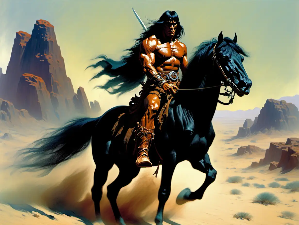 conan the barbarian riding a black Arabian horse in the desert Frank Frazetta style