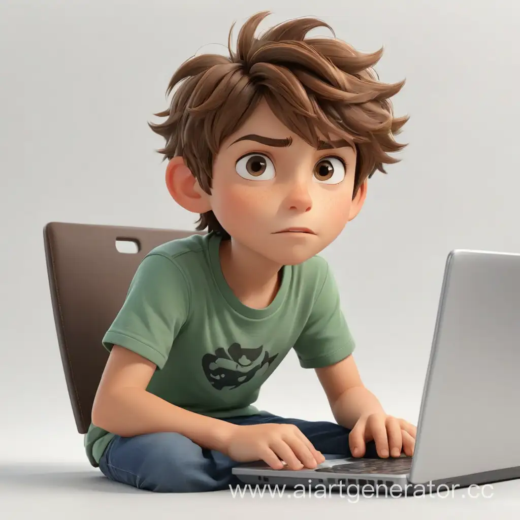 3d boy 8 years old sitting at a laptop, brown hair, white background