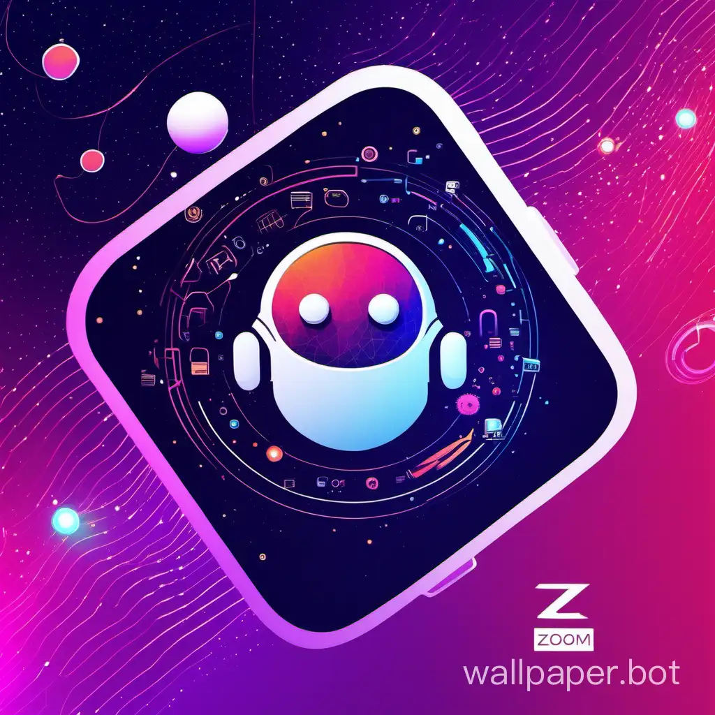 Cool Zoom background image with a OfiBot Ai Logo showing off cool Ai client conversions through sms and chat make futuristic AI look with the bot toward the right in a galaxy of AI txt/sms conersions
