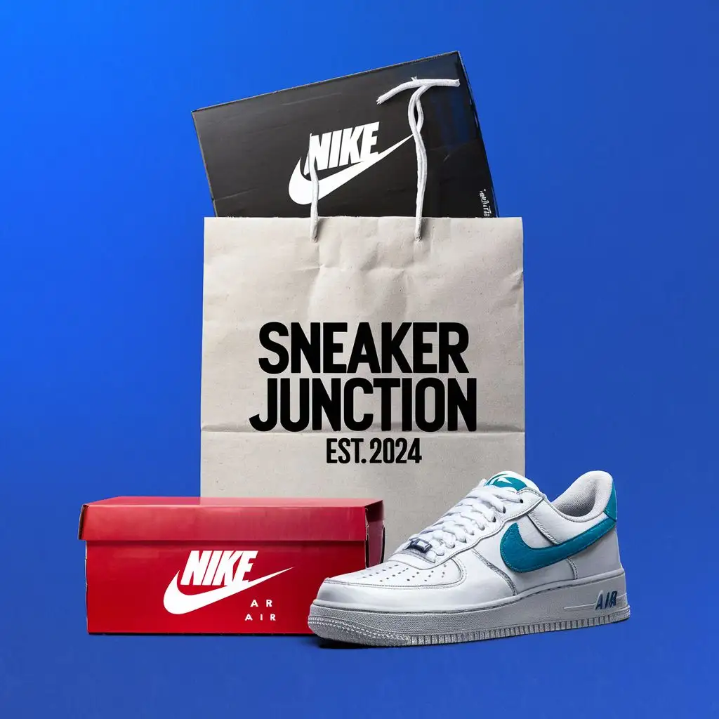 logo, Paper bag with Nike box with a Air Force One on top of it, with the text "Sneaker Junction EST 2024", typography