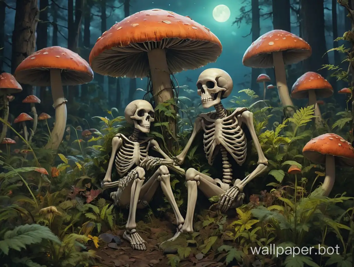 Psychedelic nighttime scene of two skeletons embracing and leaning against a gigantic mushroom ten feet high.  They are in a field of mushrooms and marijuana where many forest creatures frolick and play around them.  the skeleton couple gazes at one another as if they were the only ones there