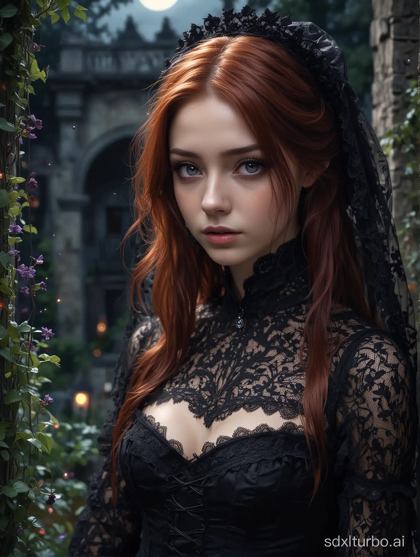 night, purple eyes, evil aura, red hair, 21 year old girl, professional photo, masterpiece, photorealistic, super detailed, photorealistic, super high resolution masterpiece, best quality, super detailed, colorful, watercolor, create a The charming long-haired anime character has her eyes hidden beneath a delicate black lace veil with red gemstones, adding an air of elegance and intrigue. She wore a black Victorian Gothic gown with a corset and ruffled lace detail. The character stands in the moonlit garden of an old, overgrown mansion, surrounded by ivy-covered stone walls and softly glowing fireflies. This scene should evoke a sense of gothic romance and mystery. Pay attention to the intricate lace and moonlight effects on the texture, and avoid watermarks. Don't misshape your fingers.