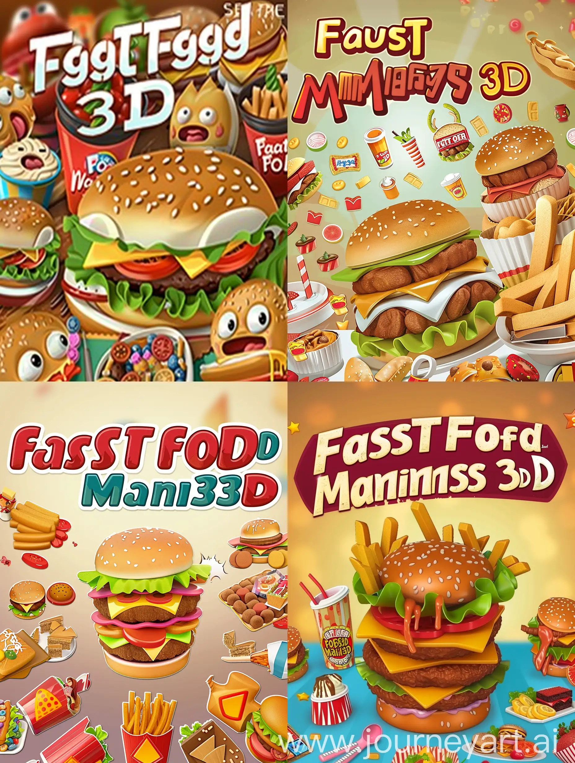 Computer game cover, fast food, match 3, children's, cute, inscription "Fast Food Mania 3D" 