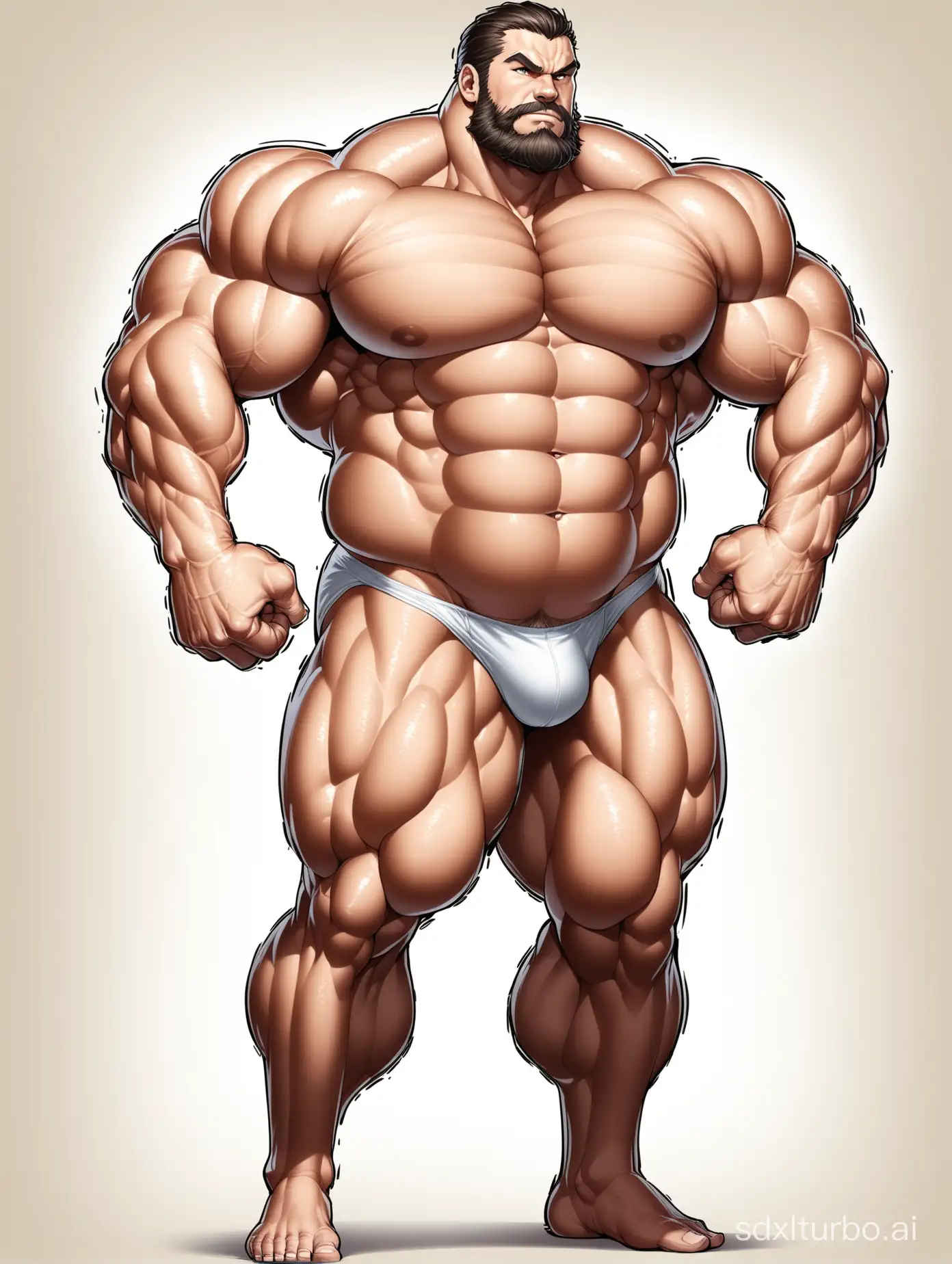 White skin and massive muscle stud, much bodyhair. Huge and giant and Strong body. Very Long and strong legs. 2m tall. very Big Chest. very Big biceps. 8-pack abs. Very Massive muscle Body. Wearing underwear. he is giant tall. very fat. very fat. very fat. Full Body diagram. very long strong legs.very long legs.very long legs. raise his arms to show his huge biceps. wearing white shoes. raise his arms to show his huge biceps.very old man.very handsome men.