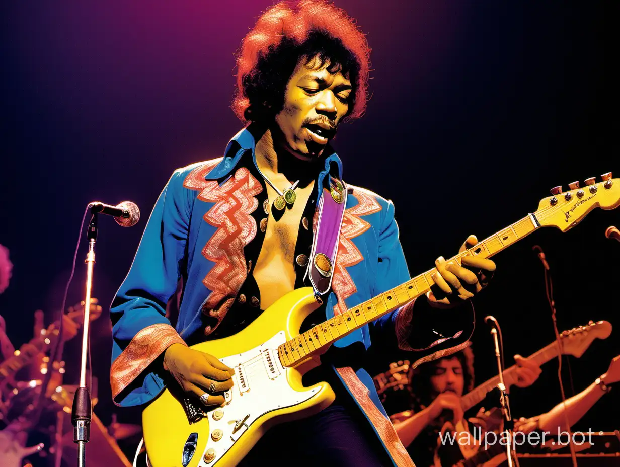 . Imagine a vibrant, dynamic scene where Jimi Hendrix is center stage, his fingers dancing across the strings of his electric guitar as he plays a soulful, mesmerizing melody. The stage is bathed in colorful, psychedelic lights, casting a dreamlike glow over the audience. In the background, observe Jimmy Page watching in awe, a look of admiration and reverence on his face as he listens to Hendrix's incredible music.