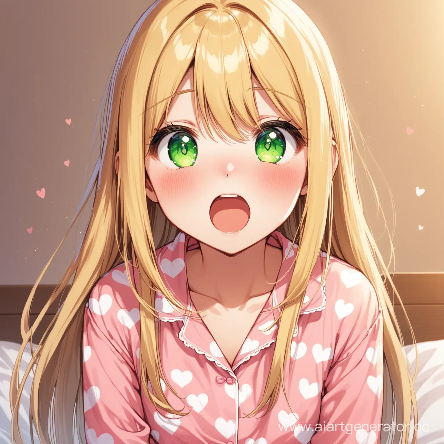 A girl, long straight blonde hair and big green eyes, she is dressed in closed pajamas with a heart pattern, She looks very excited and looks pleading, blushing