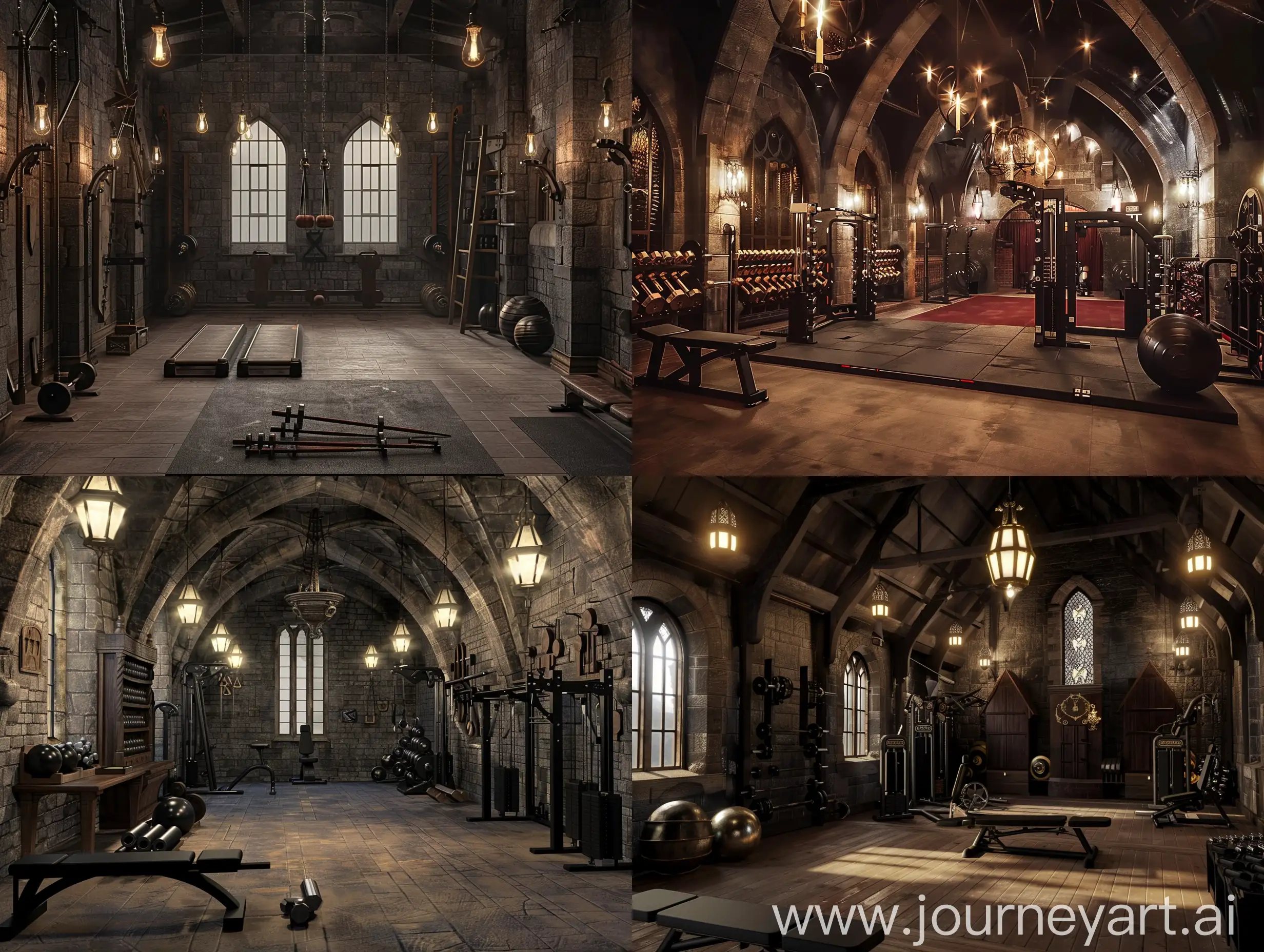 Build a gym for me based on the elements and equipment of Hogwarts, the training place for wizards in the Harry Potter movie, realistic, cinematic lighting, q2