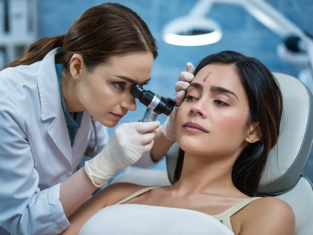 Female dermatologist carefully examining the skin of a female patient using a dermascope, looking for signs of skin cancer. Dermatologist examining patient's birthmark with magnifying glass in clinic