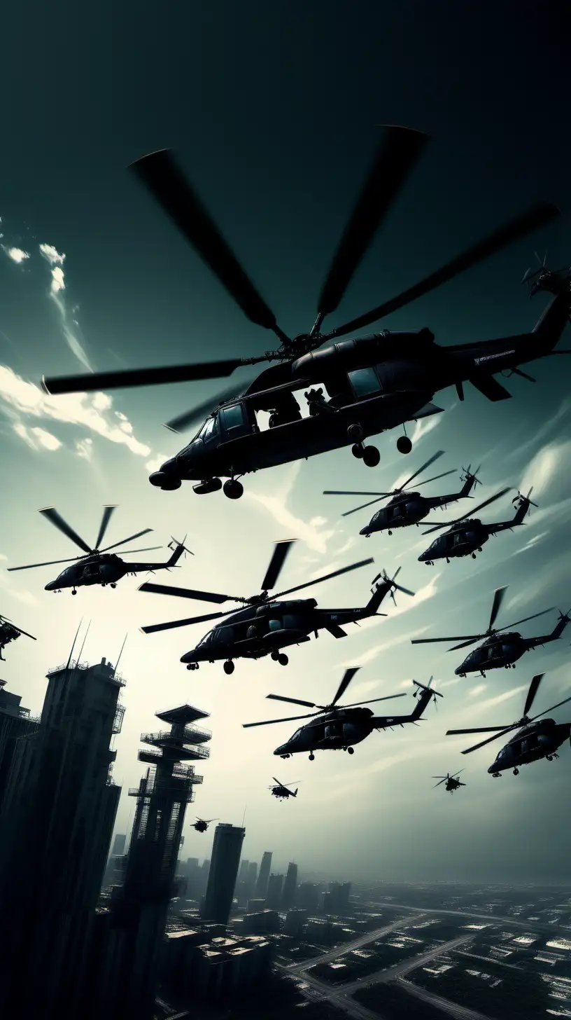 Covert Military Operations Digital Art illustrating full black helicopters in the sky Creating a scene with an air of military secrecy and shadows, Inspirations from Military Thriller Art, Medium Shot, Cinematic Render, Dramatic Lighting.