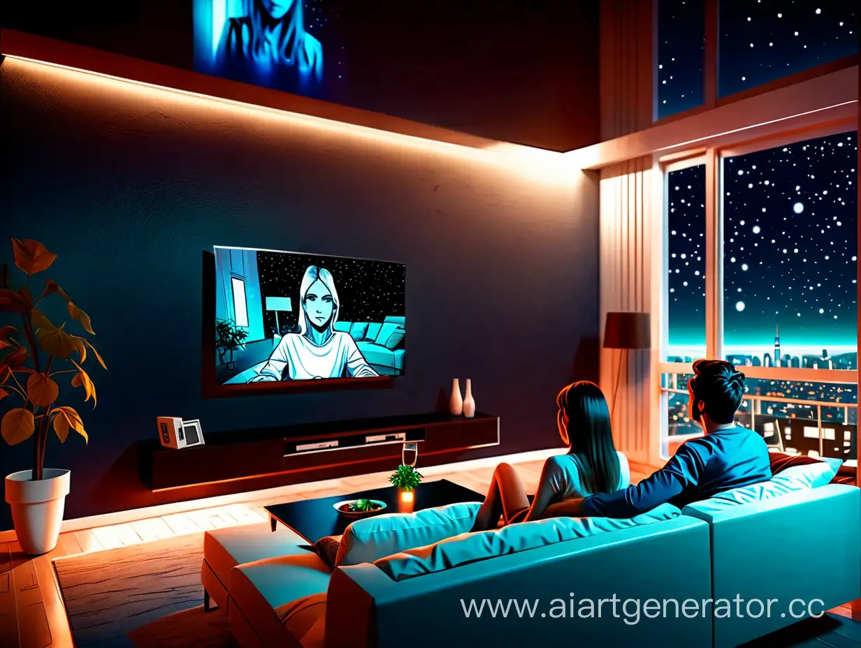 Futuristic-Couple-Watching-TV-in-Urban-Apartment-at-Night