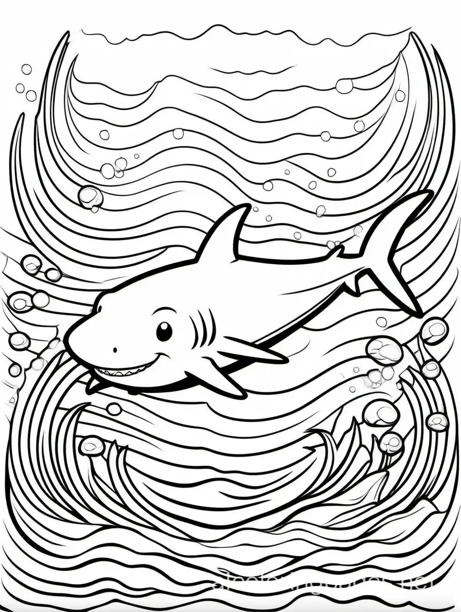 Cute shark in ocean , Coloring Page, black and white, line art, white background, Simplicity, Ample White Space. The background of the coloring page is plain white to make it easy for young children to color within the lines. The outlines of all the subjects are easy to distinguish, making it simple for kids to color without too much difficulty