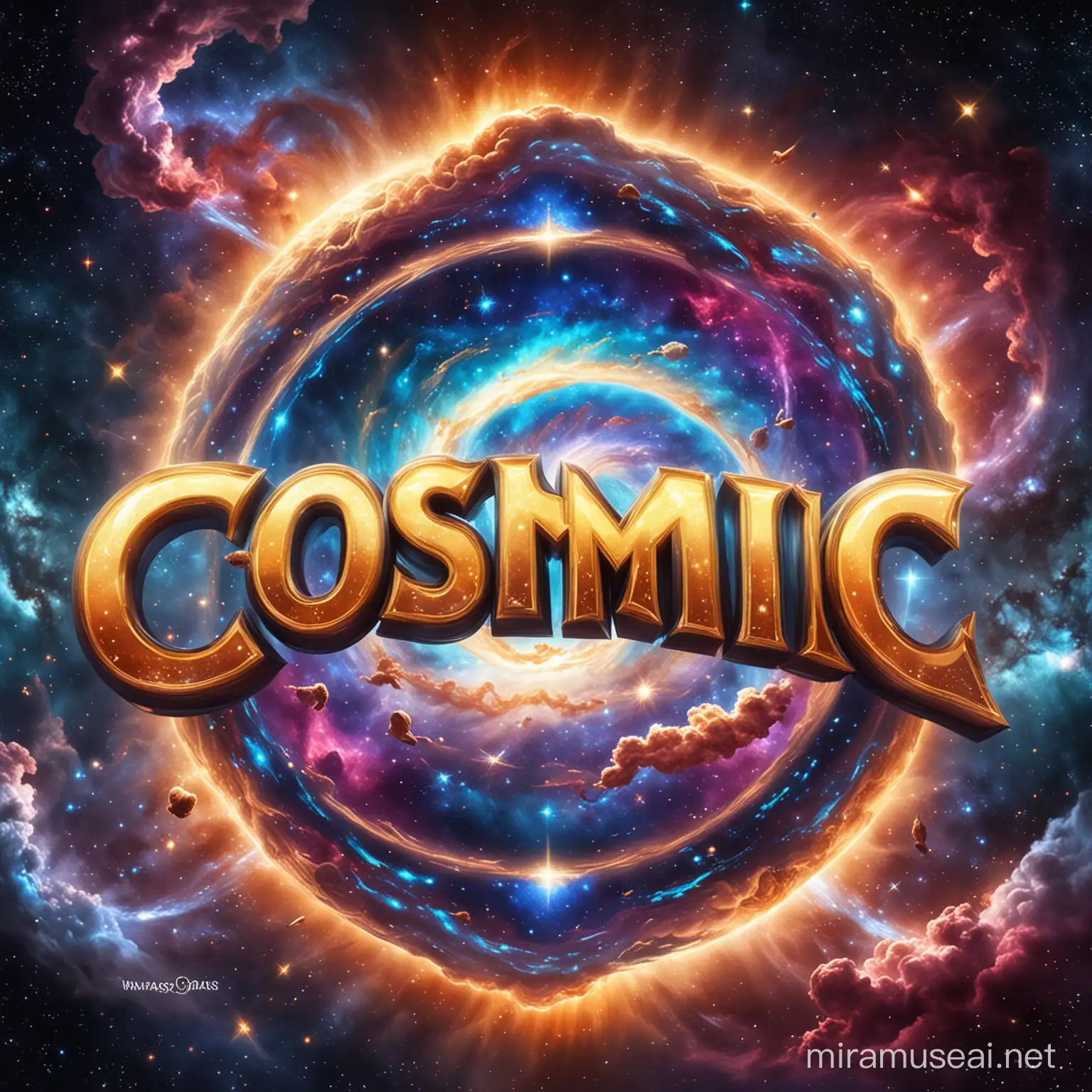 The word "Cosmic" is elegantly inscribed in swirling galaxies, set in the enchanting style of Sunfire Summit art. Surrounded by cosmic phenomena and backed by a distant supernova, this design exudes the essence of a game logo, ideal for a captivating mobile game background.