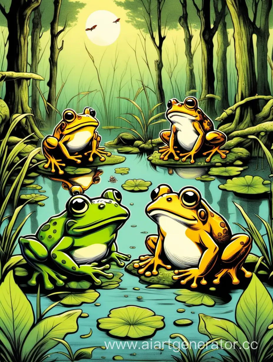2 лягушки поют слева а большая жаба дирижирует слева на болоте в рисованном стиле