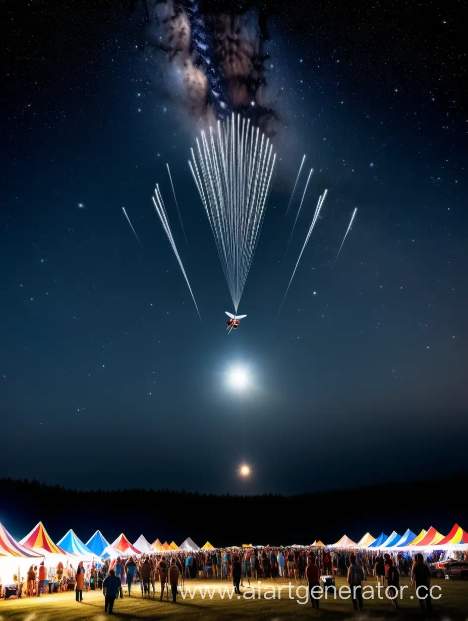 Большой фестиваль с самолётами малой авиации, воздушными шарами и дронами на аэродроме Псебай на фоне звёзд Млечного пути