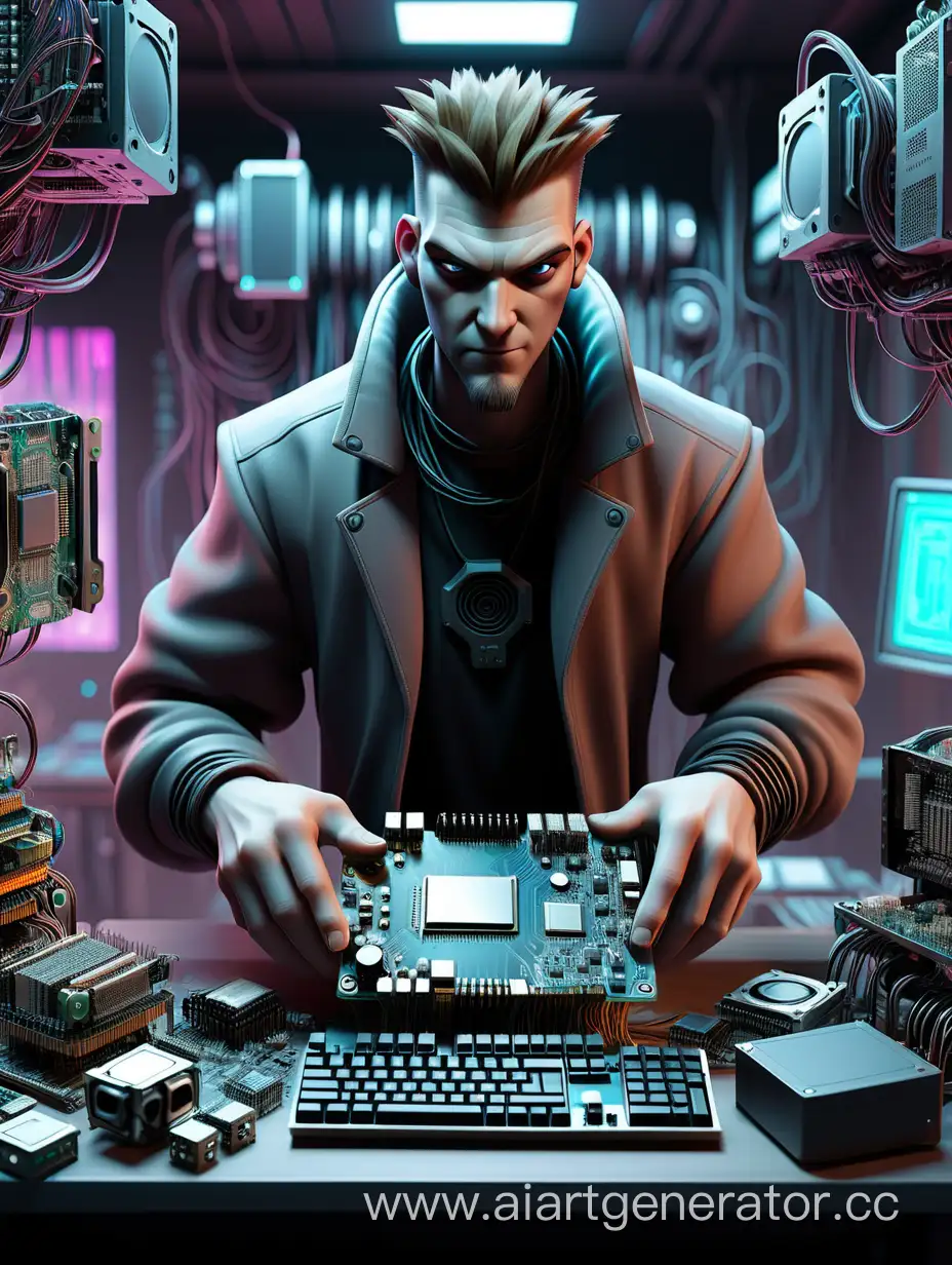 Computer Baron is a high-quality image of a man with computer components in his hands near a cyberpunk-style table