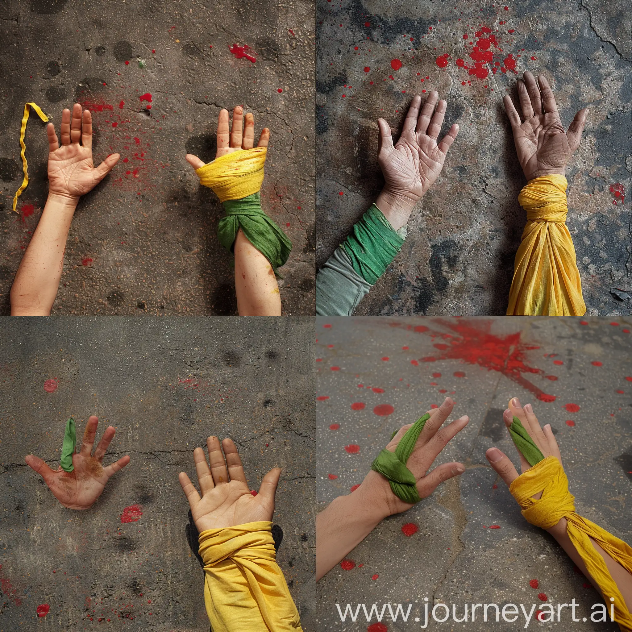 On an asphalt floor, there is an open right hand with a yellow cloth band tied around its knuckles, and opposite it is an open hand with a green cloth band tied around its knuckles.  There are red spots on the ground.