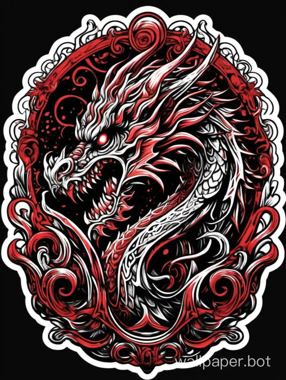 crazy horror dragon, front head of dragon,  impossible ornamental, darkness, assimetrical, alphonse mucha hiperdetailed, highcontrast, red black white, explosive dripping  colors, sticker art