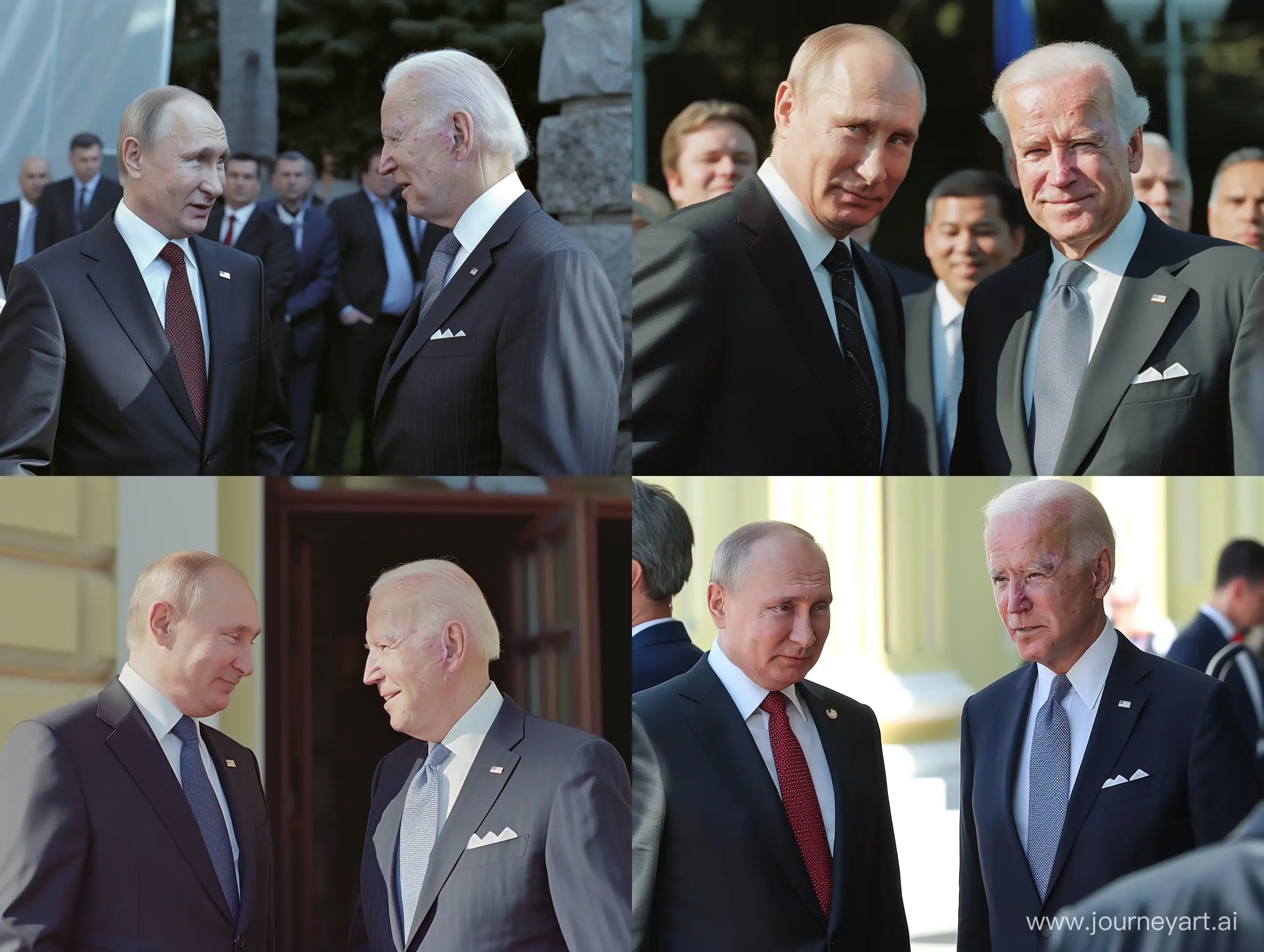 The image depicts a meeting between Vladimir Putin and Joe Biden outdoors, taken with Kodak Gold 200 film. The photograph offers a detailed look at both individuals and their environment.