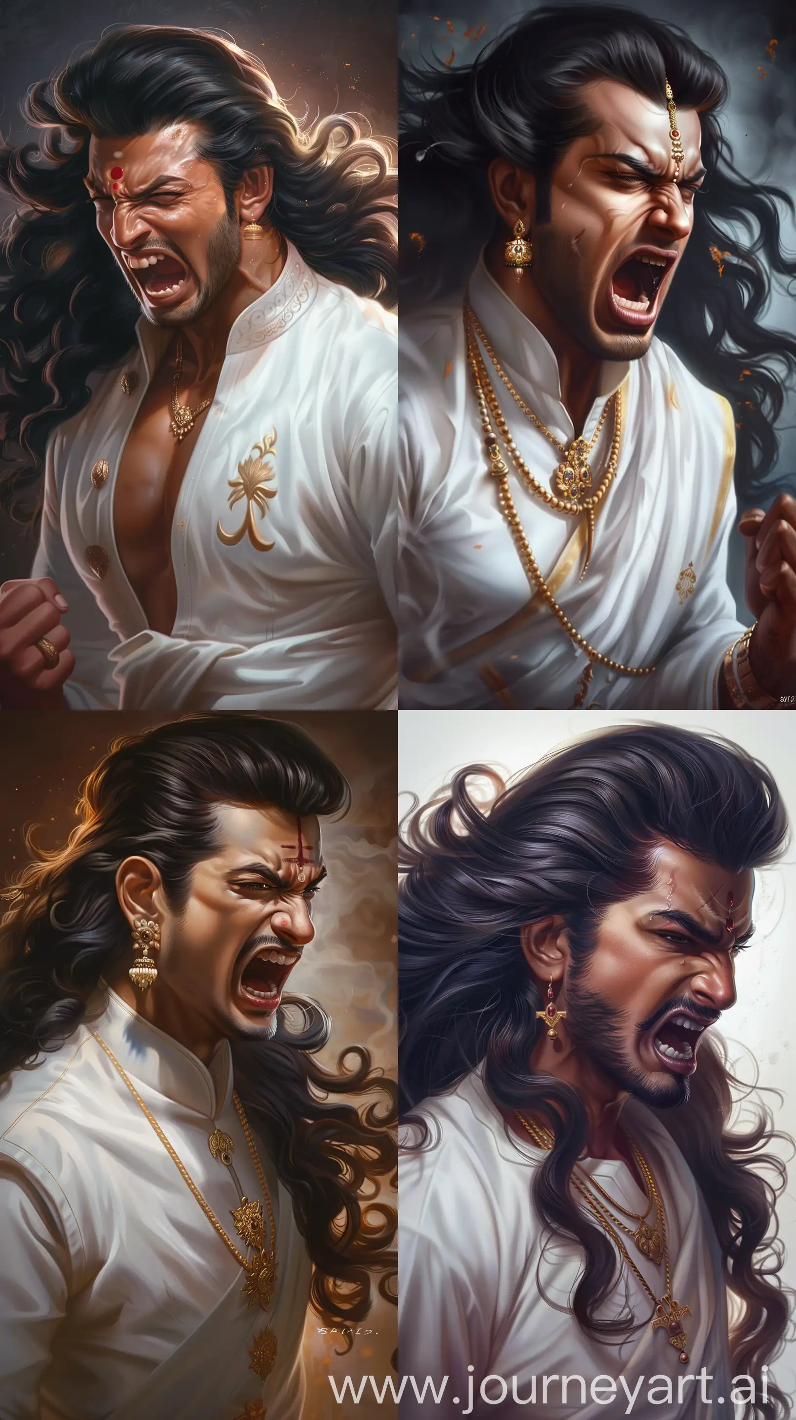 A Young Indian man in his early thirties, looks like a Royal, in white attire, black long wavy hair, clean shaven, angry look, yelling as if he's cursing someone, intricate details, 8k quality images --ar 9:16 --sref https://i.postimg.cc/rwMQrCbT/tuandev07-57564-Images-depicting-the-Wind-deity-from-Hinduism-n-1570fbac-0763-49d2-8205-ce15582079a4.png 