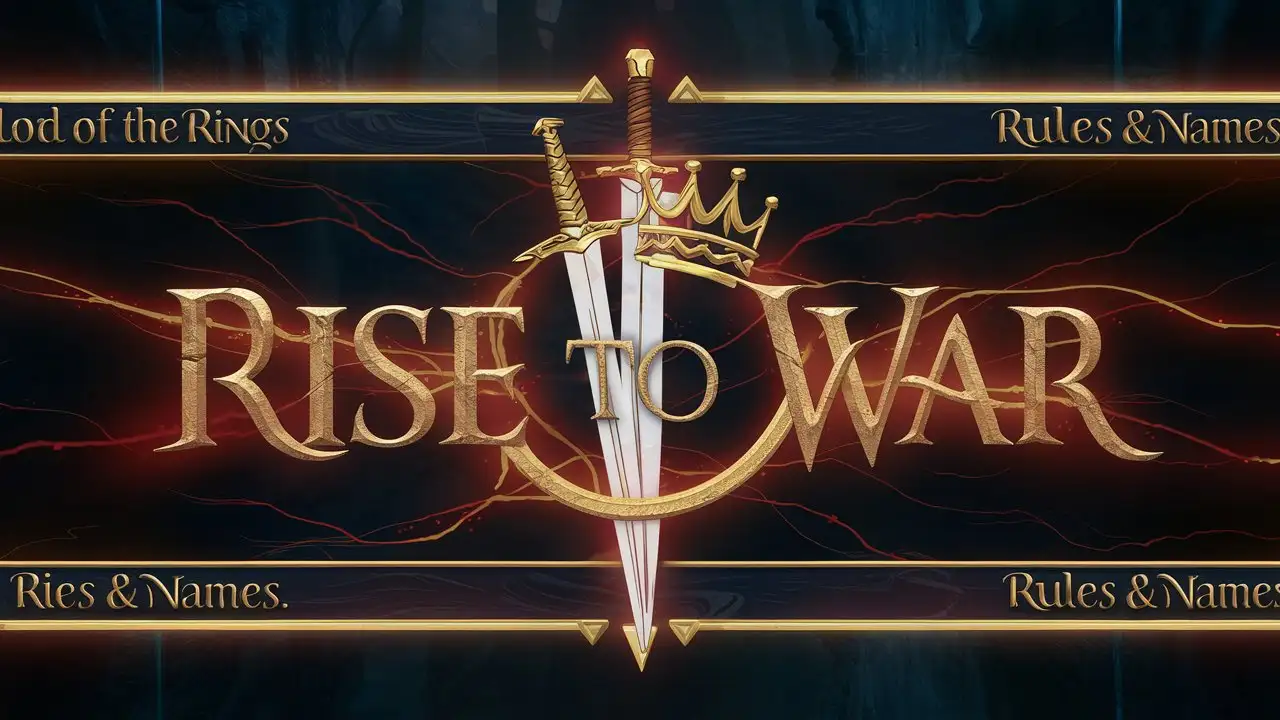 Create a banner for a discord server with the topic lord of the rings mmorpg Rise to War
on a banner with elvish script around the border should be written "Rules & Names"
background of the picture should have glowing dark red and gold on very dark eery background