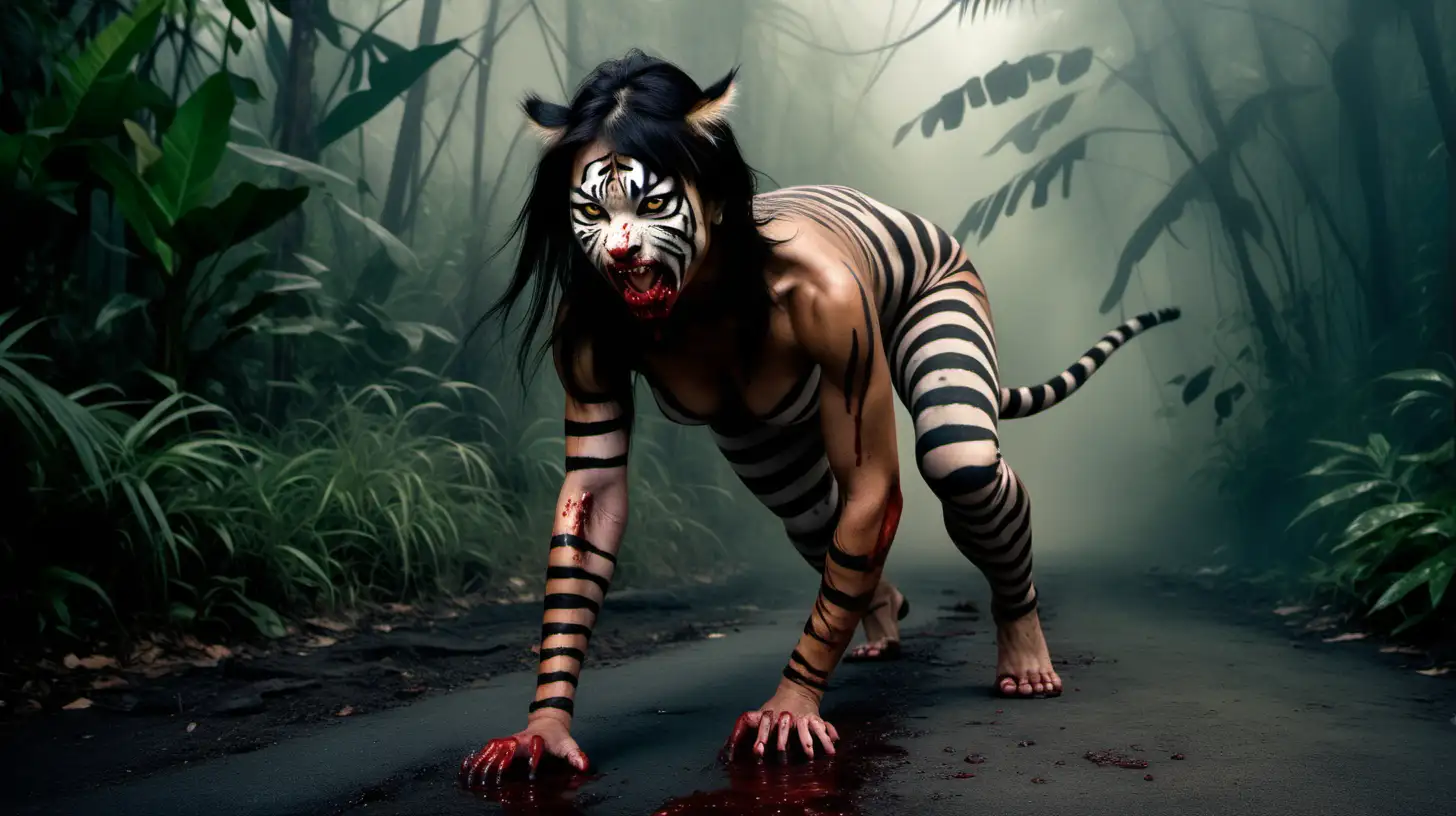 Muscular Tiger Woman Hunting in Misty Jungle with Long Fangs