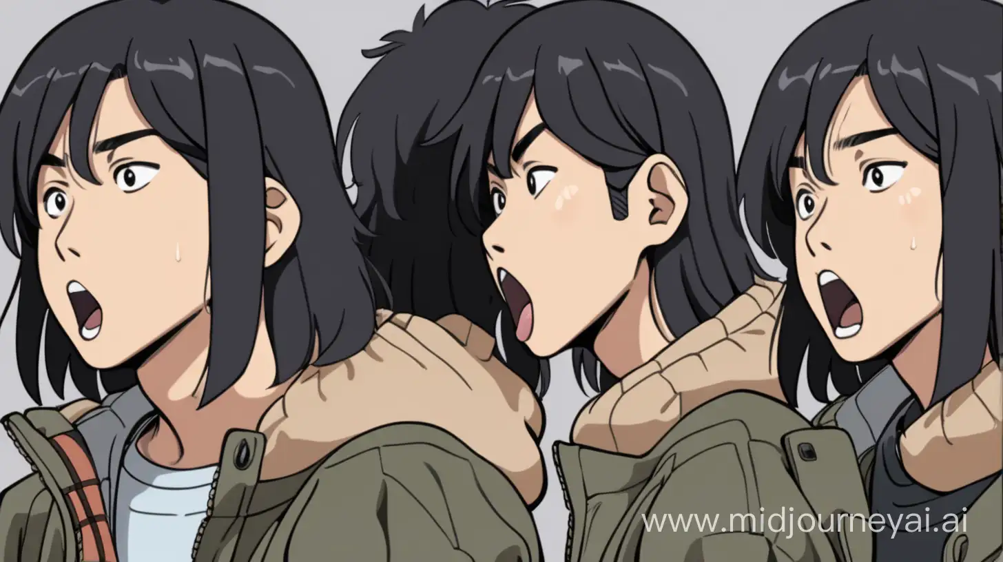 A young Korean guy with neat, thick black hair, parted in the middle with the top and back being slightly longer than the sides. He is dressed in outdoor clothing. His mouth is moving across the two images and he looks a little shocked/spooked.