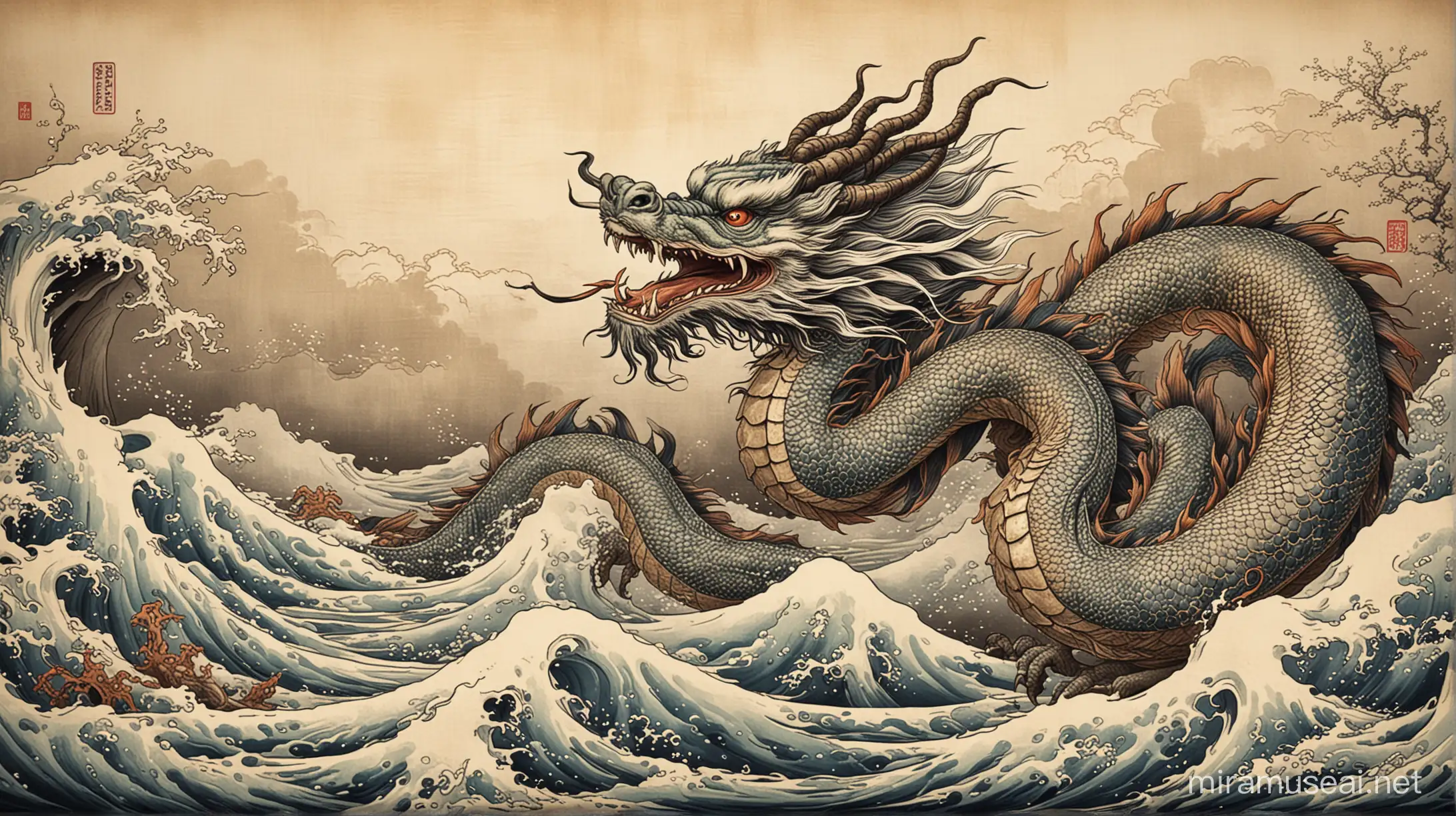 Traditional Chinese Dragon Art in Hokusai Style