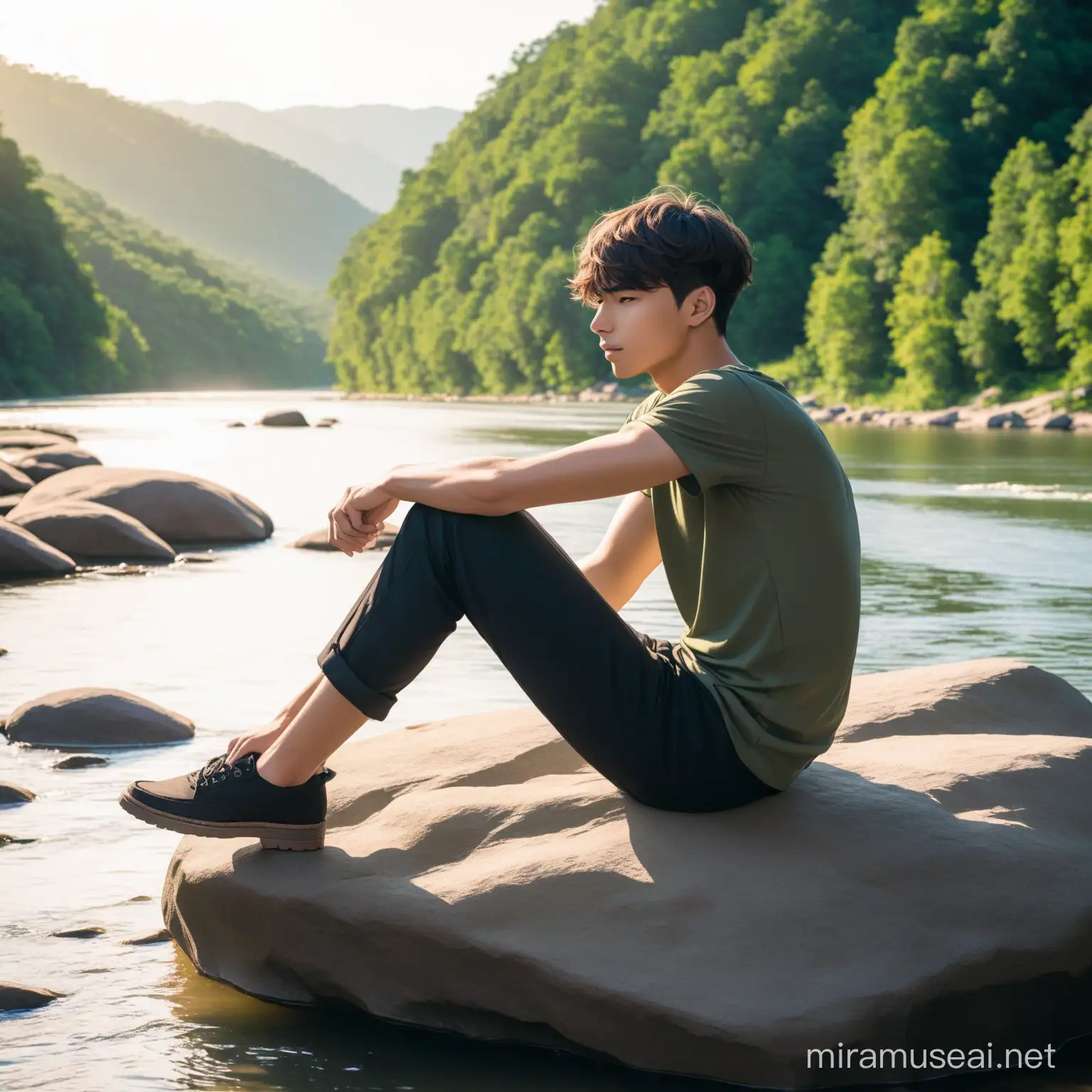 A young man sitting on a rock close to a river