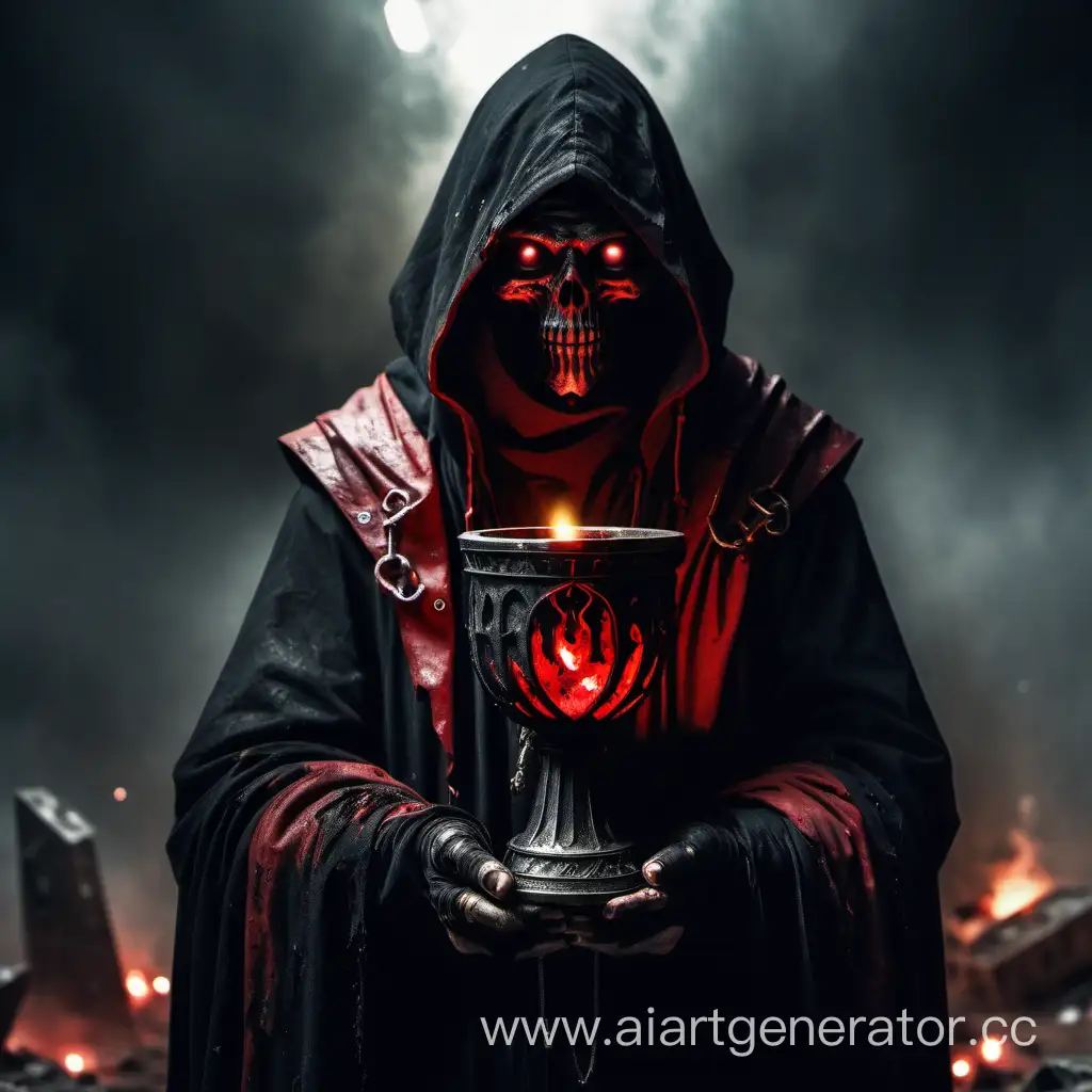 Культист в чёрной мантии, с красным граалем в руках, в стиле постапокалипсиса
