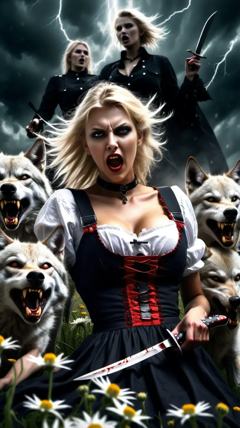 Perfect evil blonde  Bavarian woman with bloody knife laying in a field of edelweiss with a dark gothic setting  with pack of vicious angry wolves holding knife during lightning storm in ultra realistic definition  