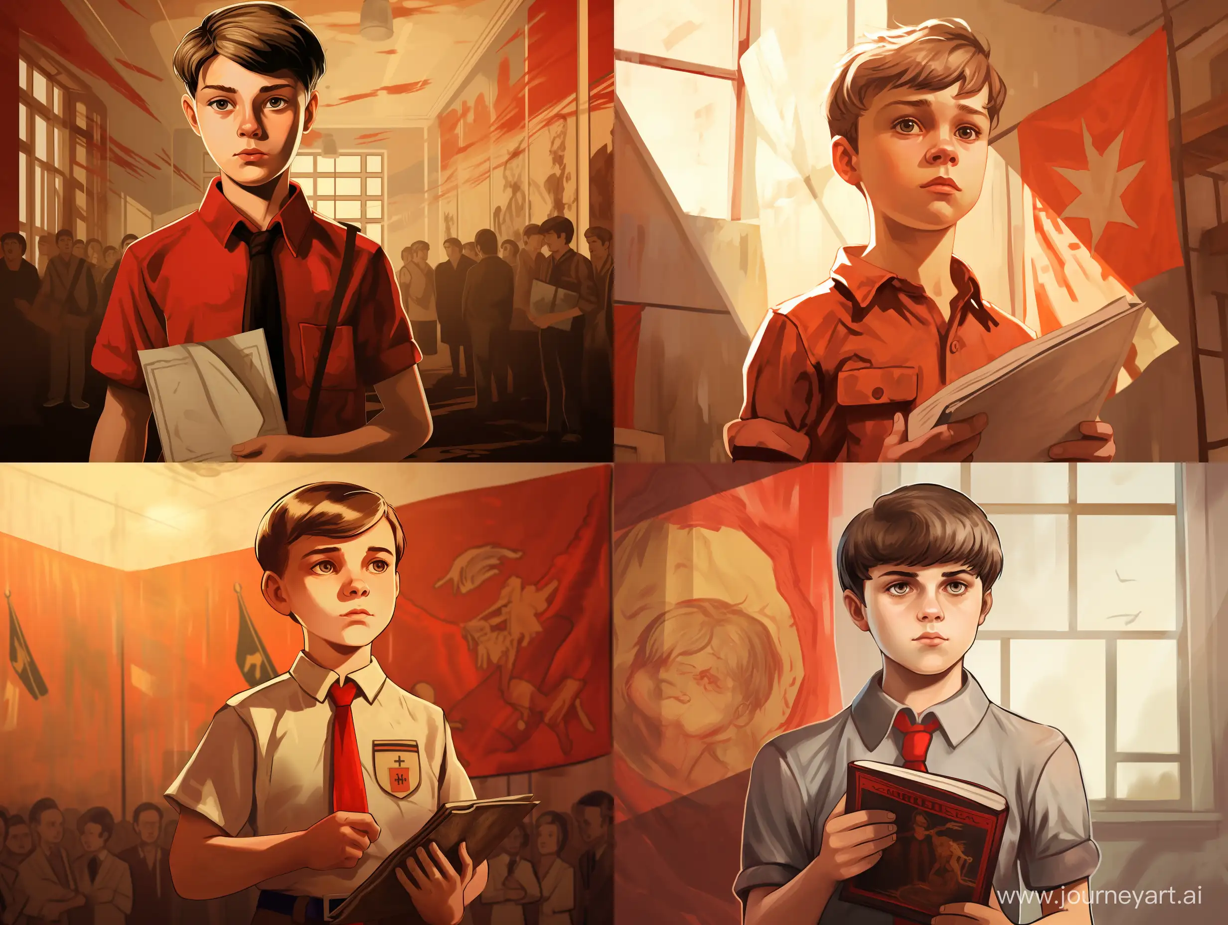 A very sad boy is standing in the classroom, holding a diary with a deuce, Soviet poster style