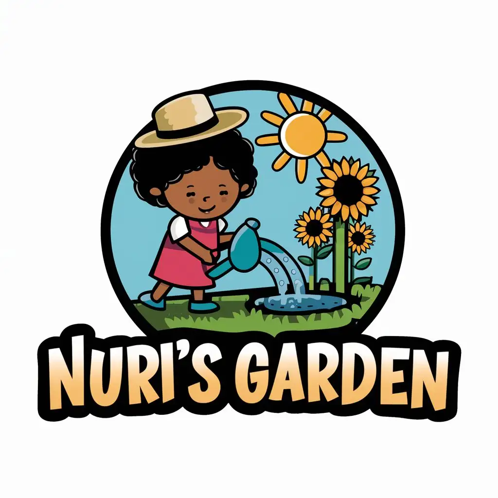 logo, Colorful Vector illustration of a young black girl with a hat on watering her garden that also has sunflowers , with the sun shinning over hear head, with the text "Nuri's Garden", typography