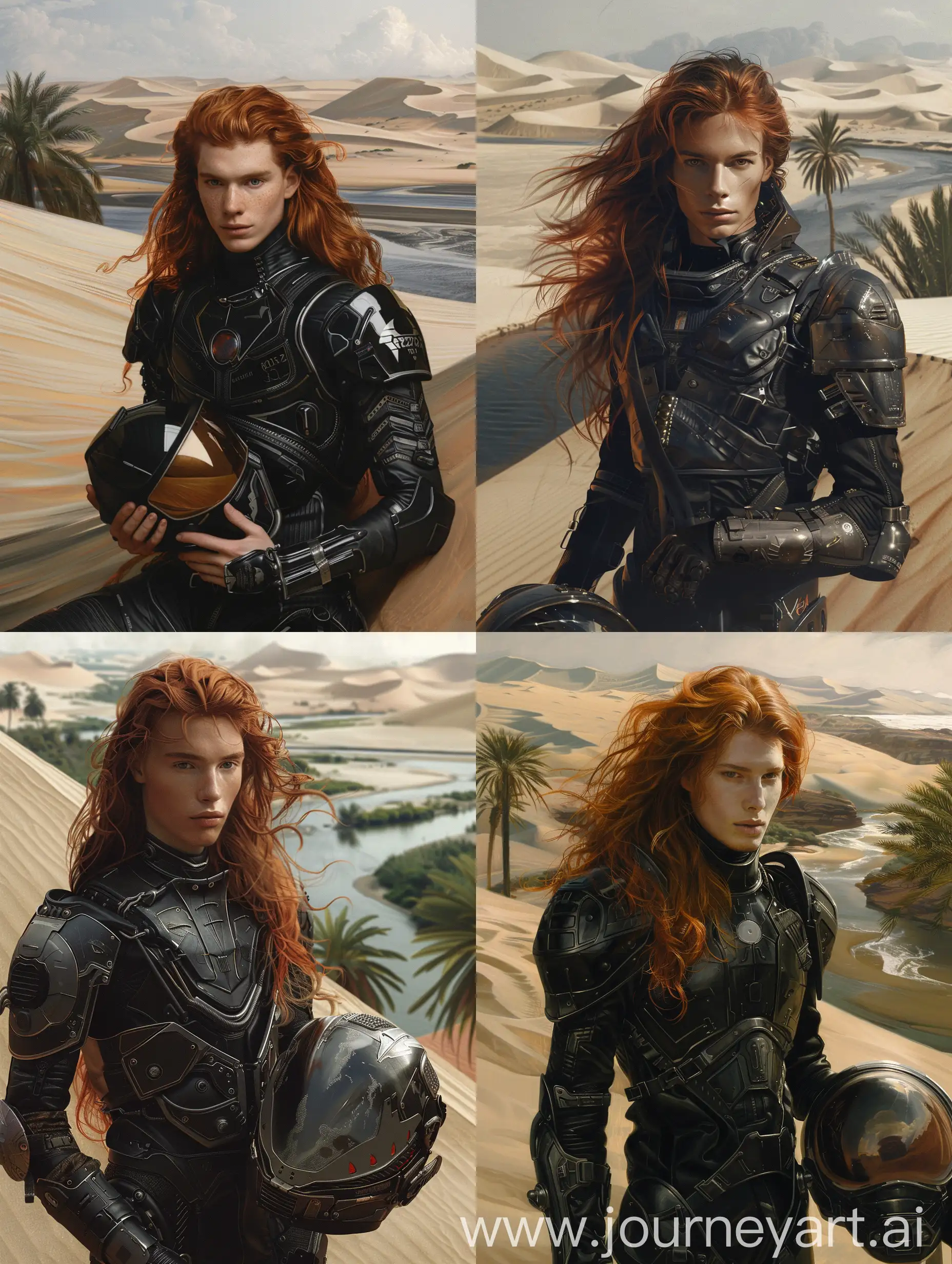 a pretty 28-old-year man in lightweight space protective space armor with a little long red hair in the foreground, He holds the helmet in his hand, large dunes, sand, river and palms in background, beautiful, sharpness, romantic, fantastic, photography, close-up, hyper detailed, trending on artstation, sharp focus, studio photo, intricate details, highly detailed, in the style of black and dark silver, y2k aesthetic, soft, dream-like quality, princecore, smooth and shiny, pensive poses, precise detailing, aquarelle painting, oil painting