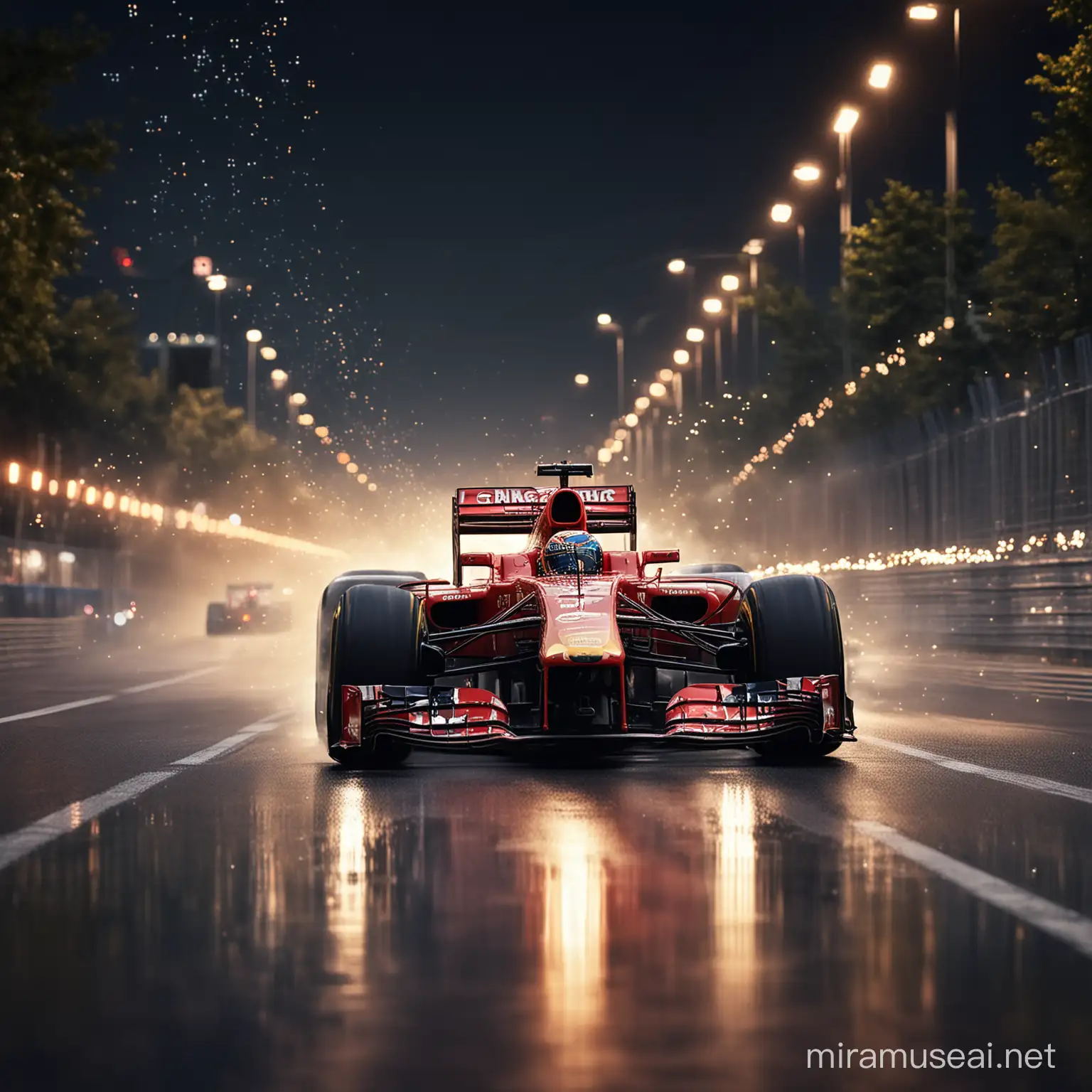 create an illuminating image of formula 1 cars speeding down a straight for the final stretch of the race to determine the champion. Make the image inspiring and awe-bringing. Make it cool looking to go on a t-shirt. Make people inspired through the bokeh acts of illumination in F1 cars