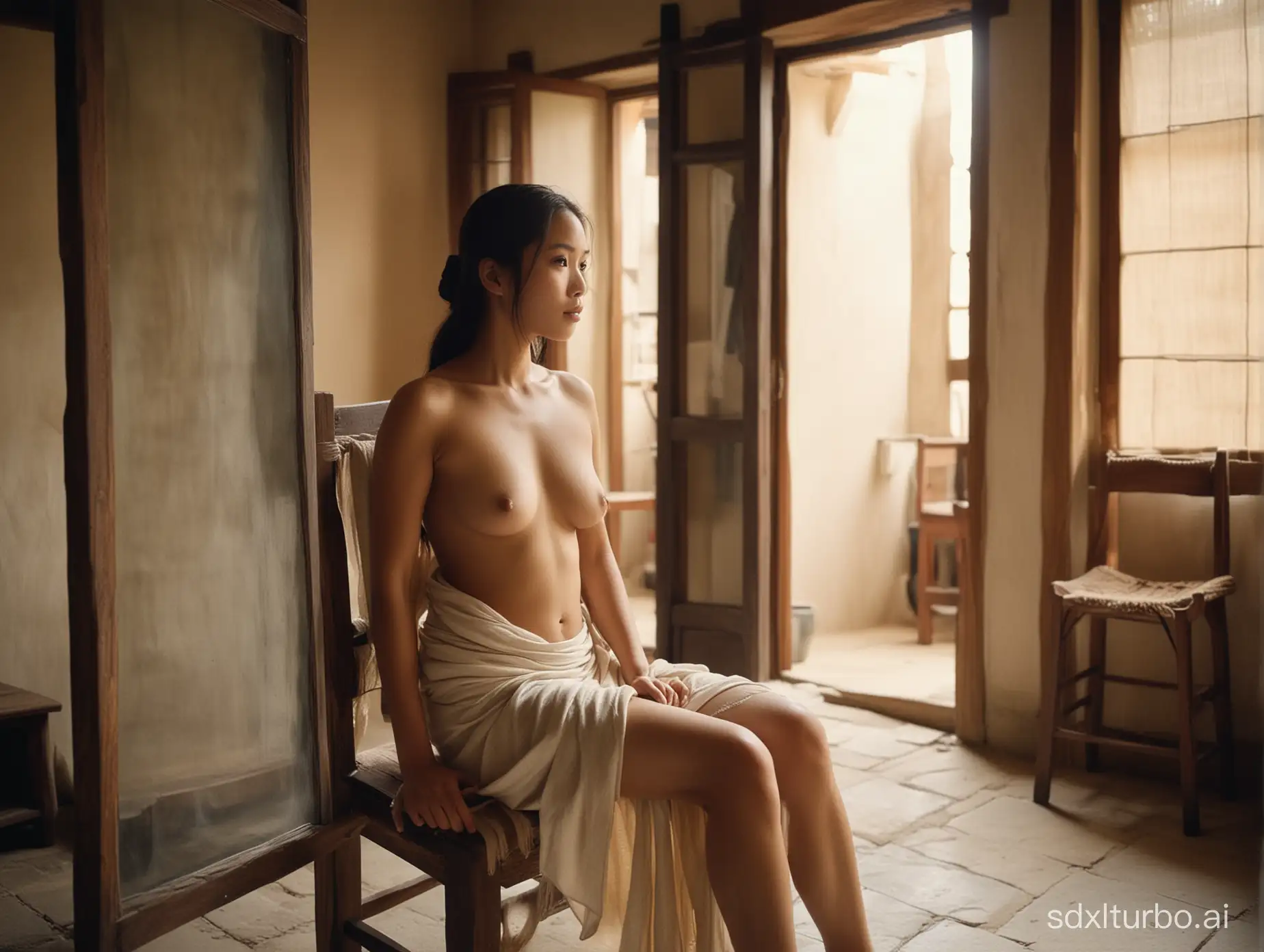 side photo of shapely filipina woman sitting on chair looking to the mirror on side. Inside medieval asian house. Window in background. Very Dusty dimly lit room .
Wearing cropped open front cotton loincloth Revealing Small Flat sagging breasts. Film grain, masterpiece, soft hairs. Photo taken from side using 28mm wide angle vintage lens. 