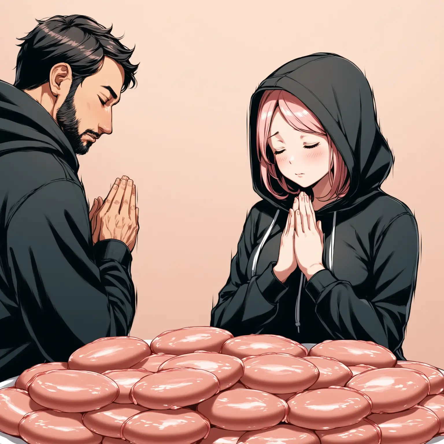 A man covered in baloney, a woman in a black hoodie is praying in front of him