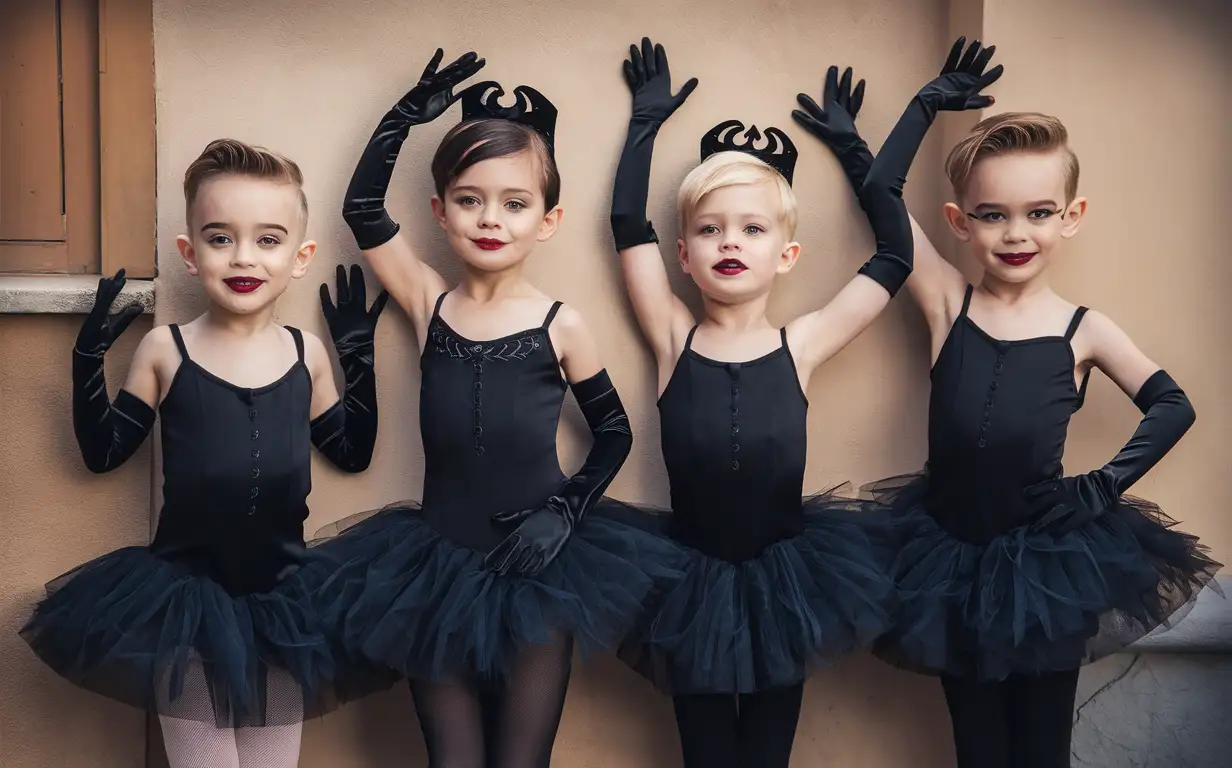 ((Gender role-reversal)), colourful Photograph, in a world where women are dominant, a mother has dressed her 4 young sons (boys age 5, 7, 9 and 11 respectively) up in black goth ballerina dresses with black goth gloves and tights and goth makeup, she has made the boys like up against the wall to take a picture, the boys are doing sassy poses, cute smiles, adorable, perfect faces, perfect faces, clear faces, perfect eyes, perfect noses, smooth skin