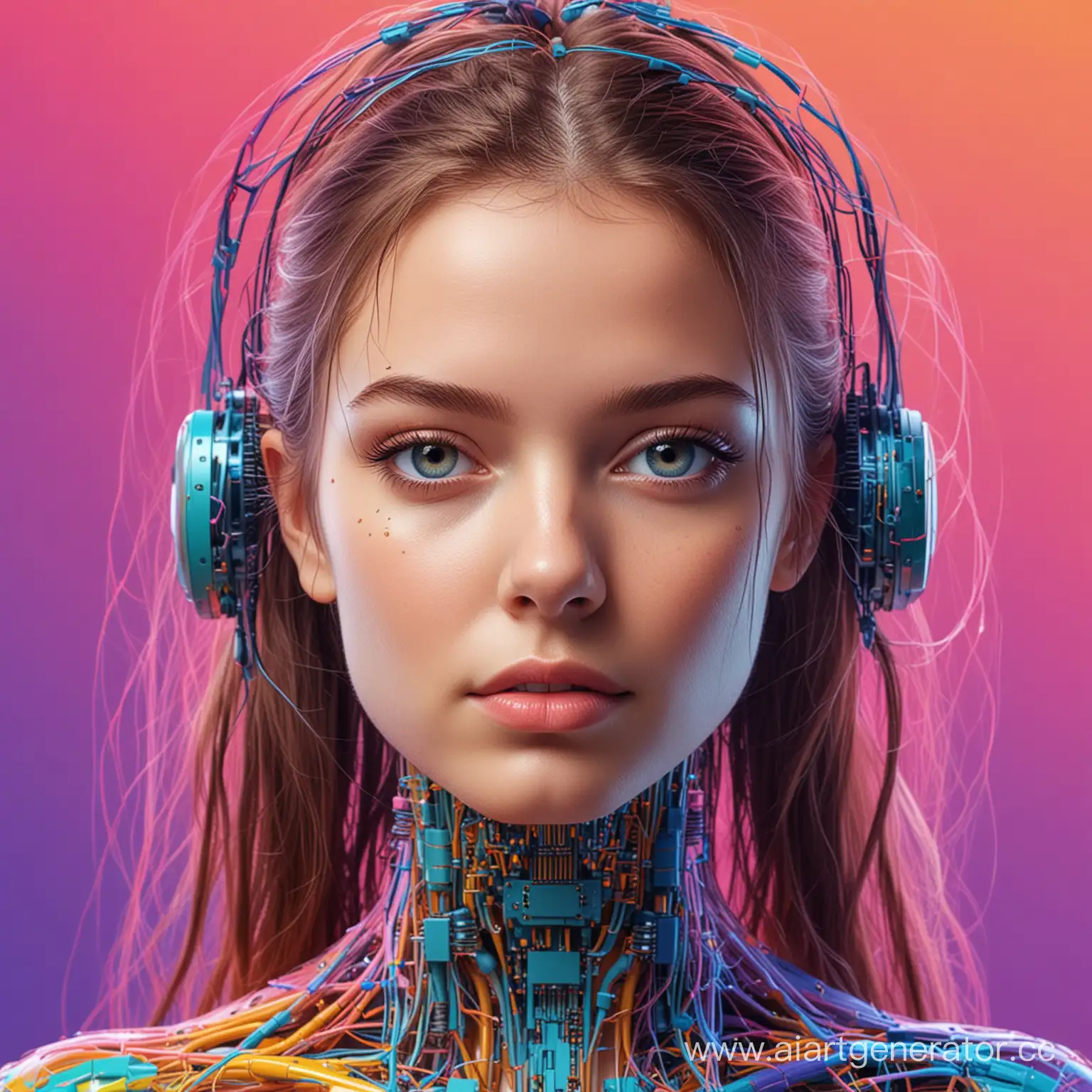 рекламный постер вебинара по нейросетям в ярких цветах, реалистичное изображение девушки и искусственного интеллекта