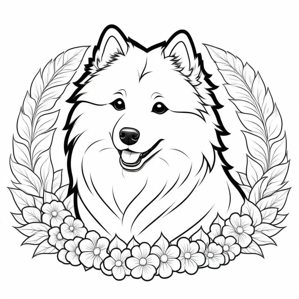 simple cute Samoyeds  dog
coloring page
line art
black and white
white background
no shadow or highlights