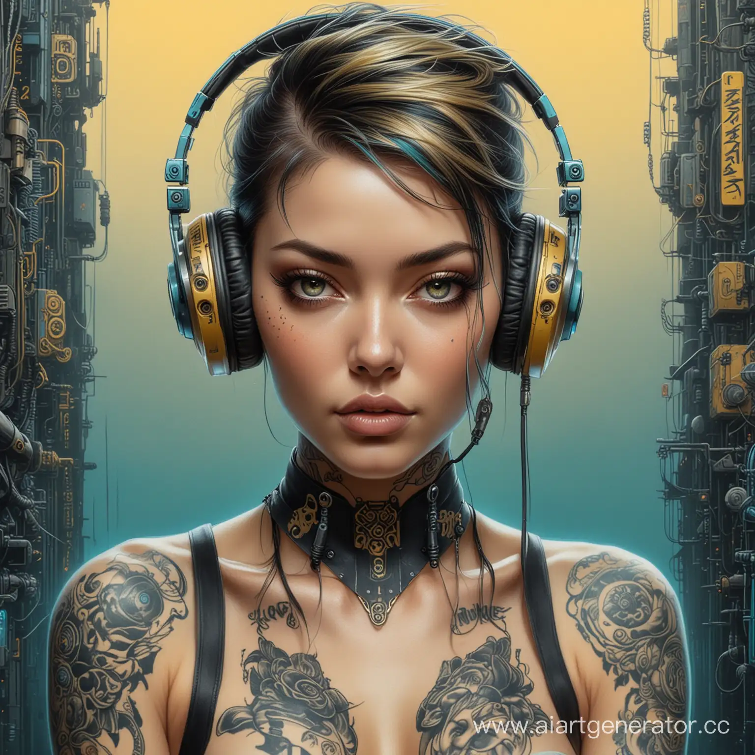 a lady with tattoos and headphones posing, in the style of cyberpunk, karol bak, intense gaze, light yellow and dark cyan, tattoo, masamune shirow, detailed facial features 