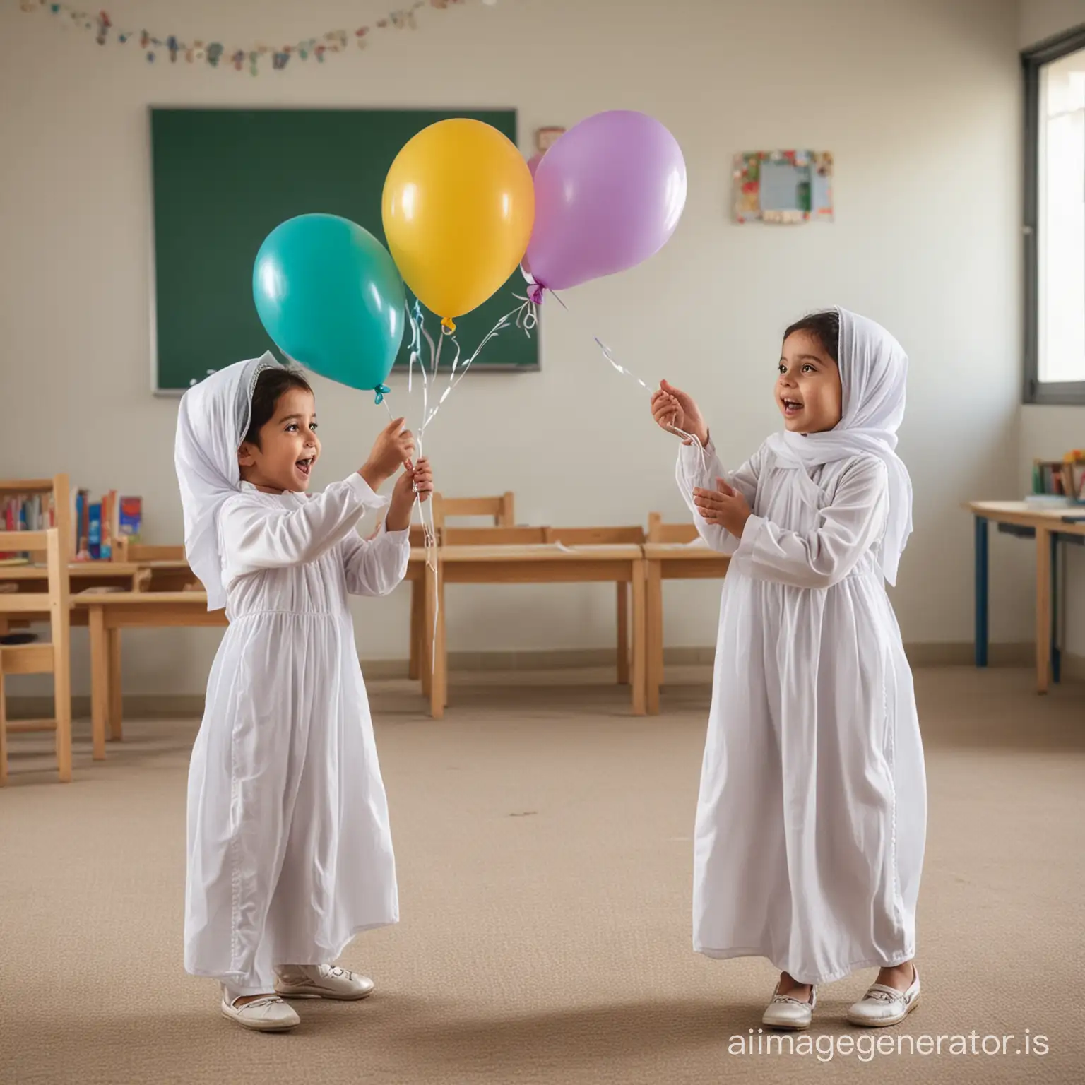 Young children holding two balloons, playing and celebrating Eid al-Fitr in the classroom