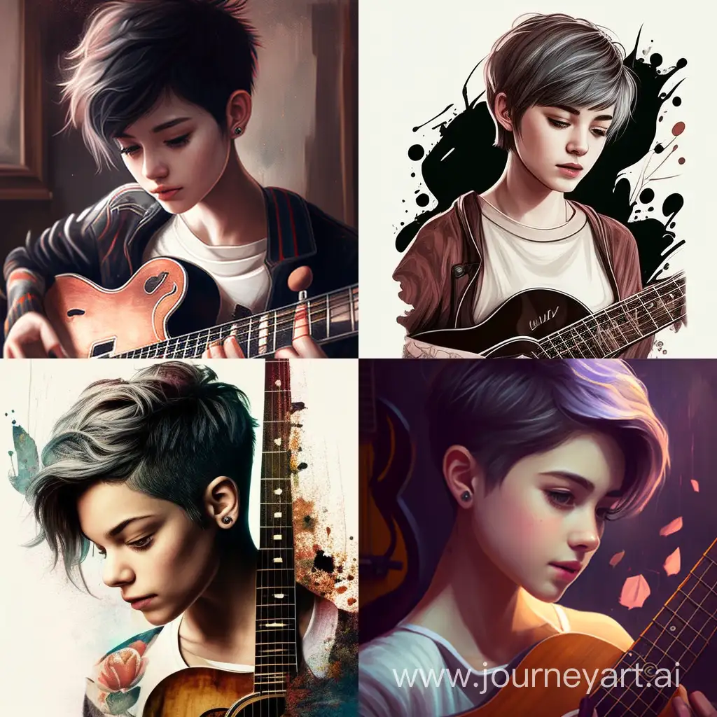 beautiful teenager girl with short hair cut is playing on the guitar
