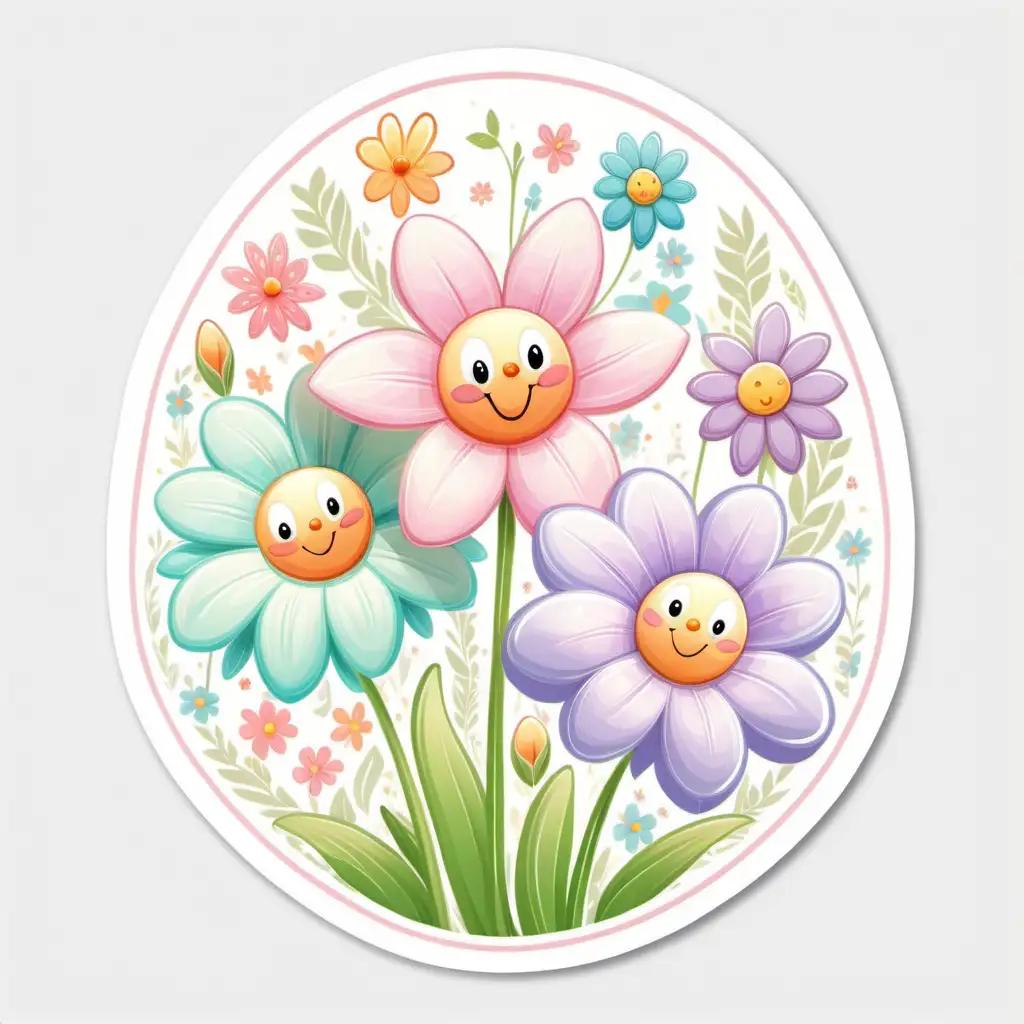 Whimsical Easter Spring Flower Cartoon on White Background