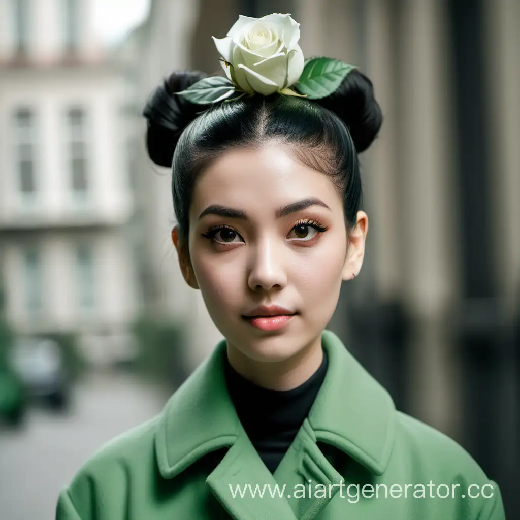 Young-Woman-in-Green-Coat-with-White-Rose-Adornment