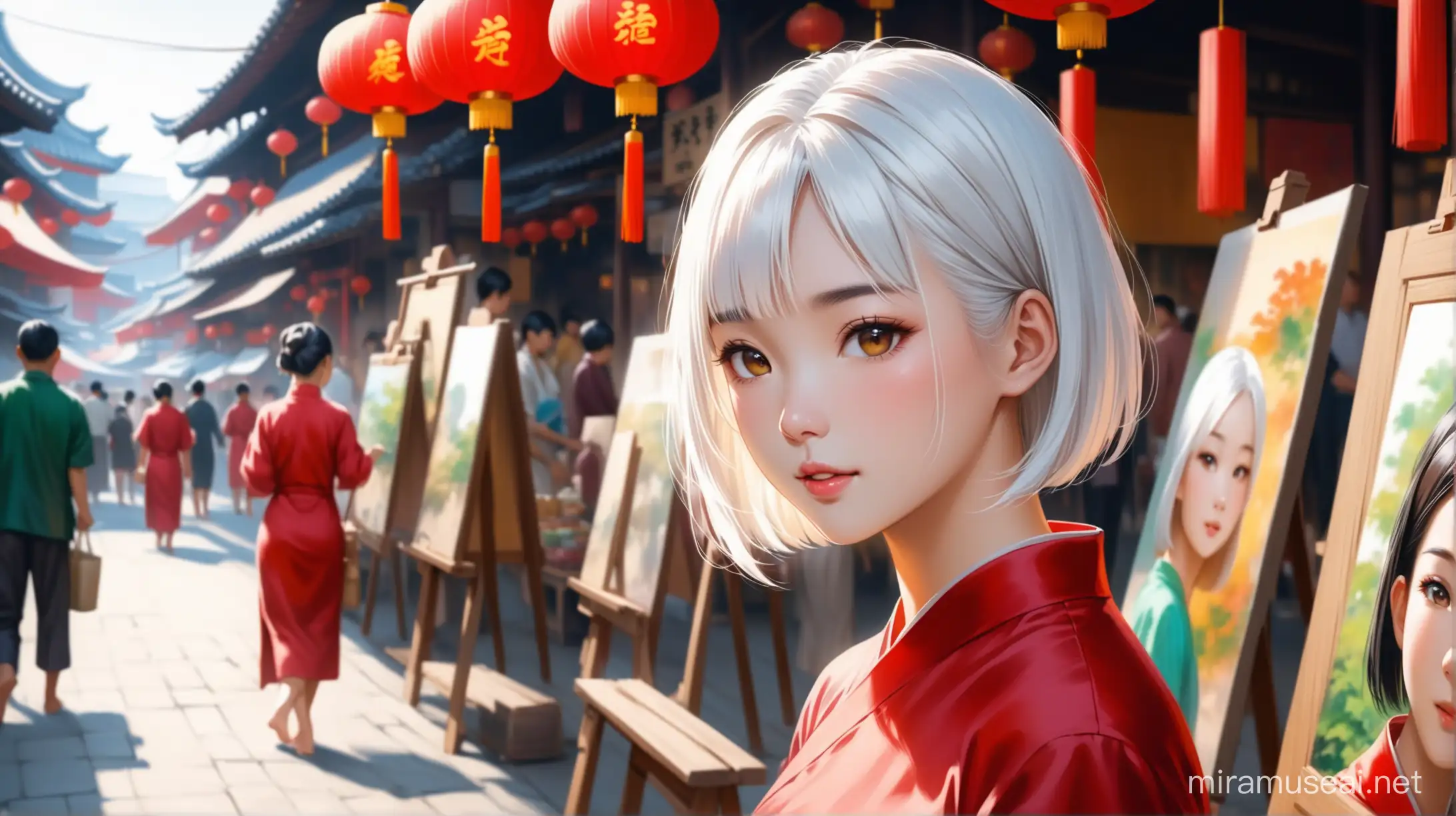 Asian Girl with White Hair Selling Paintings at Traditional Chinese Market