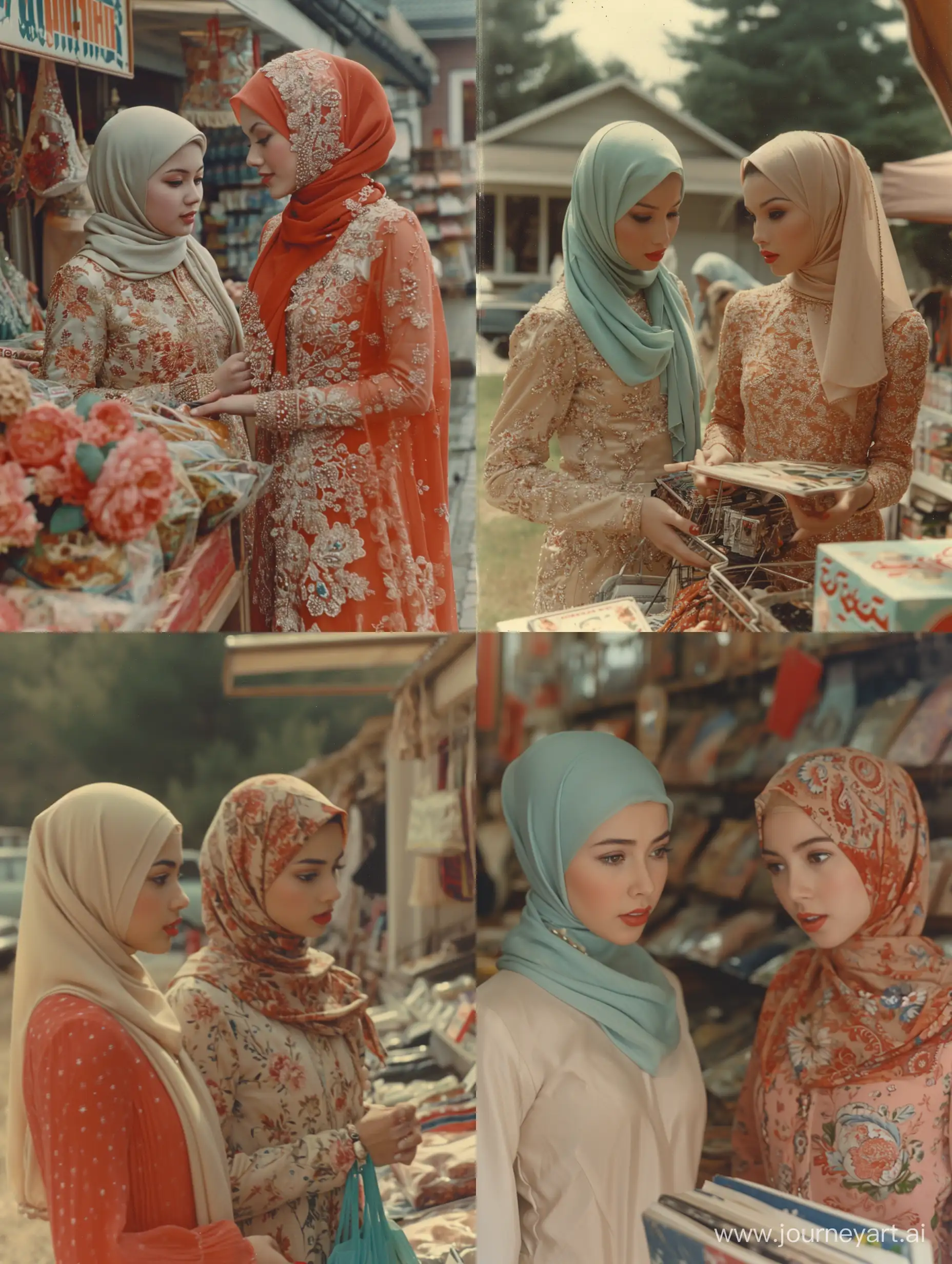 two Indonesian women in beautiful hijab dress shopping at a garage sale in the style of mid-century modern light white and light red associated press photo fanciful costume design kodak vision3 50d light beige and light aquamarine dark white and light red --s 1000