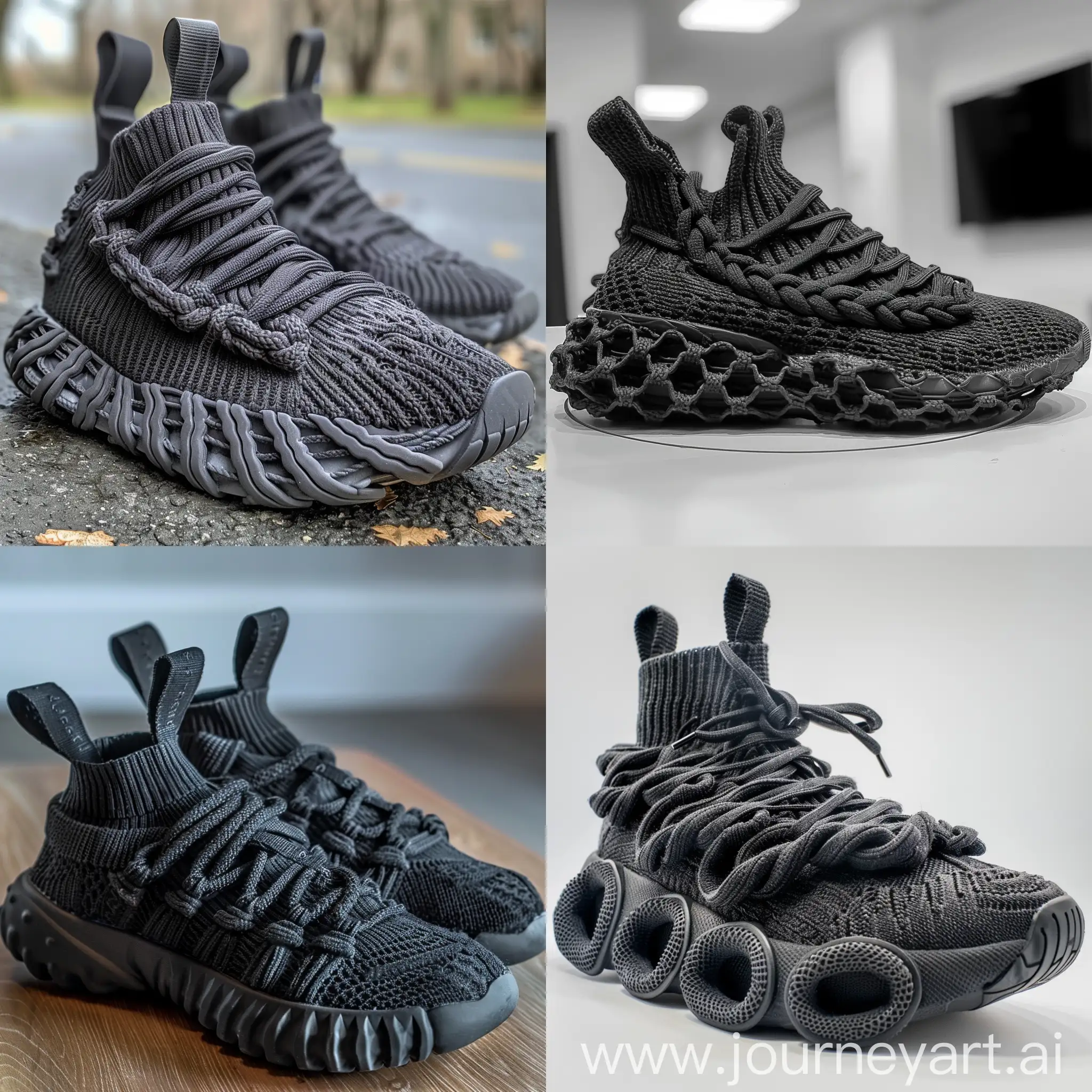 Sneakers design , inspiration by knitted fabrics , some knitted cables on it , rubber midsole , cable knitted on midsole , chunky , trendy , color black , knitted laces , circle of 5 laces on the top of sneakers , low neck