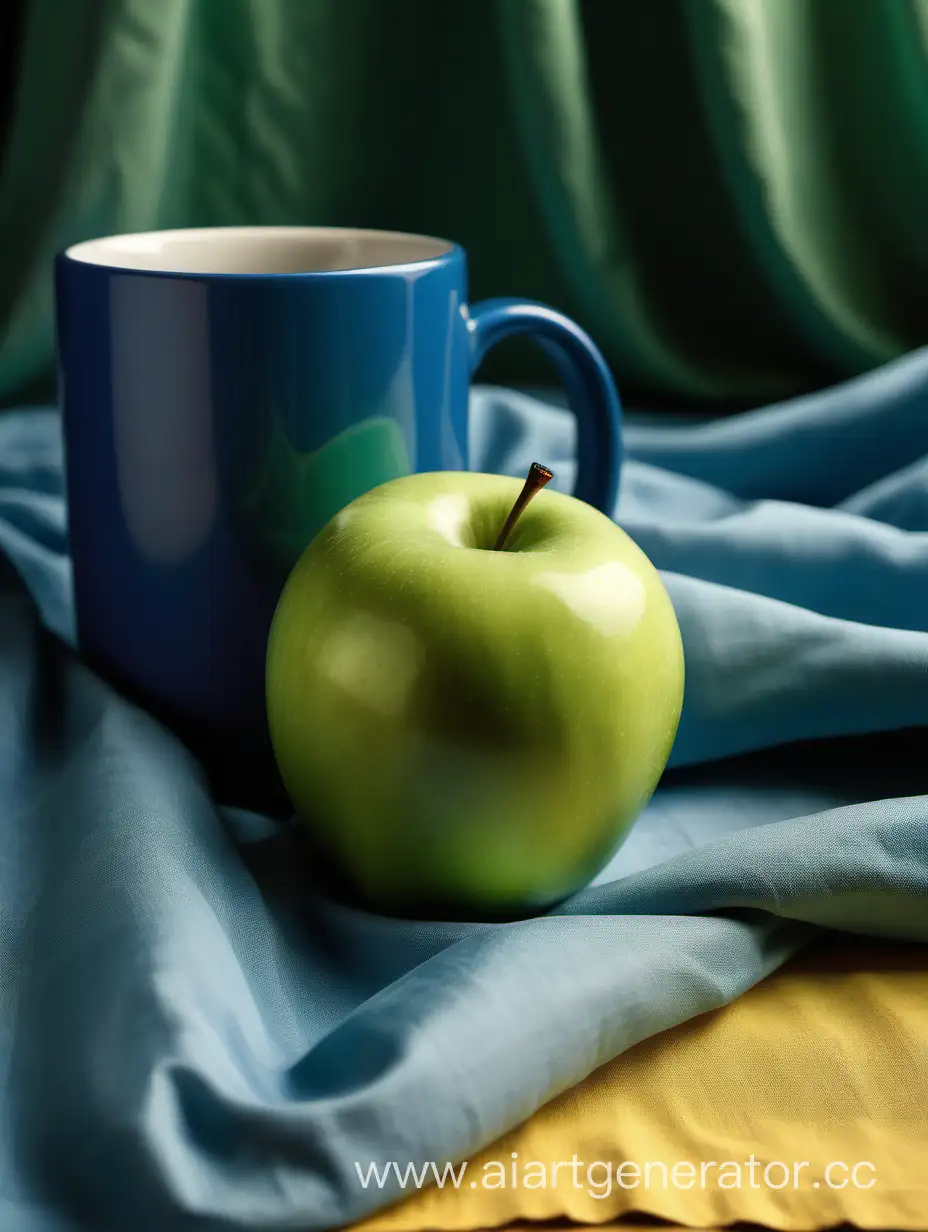 натюрморт зеленое яблоко лежит на ткани рядом с синей кружкой. на фоне желтой драпировки с природным освещением. точка зрения выше, с небольшим наклоном