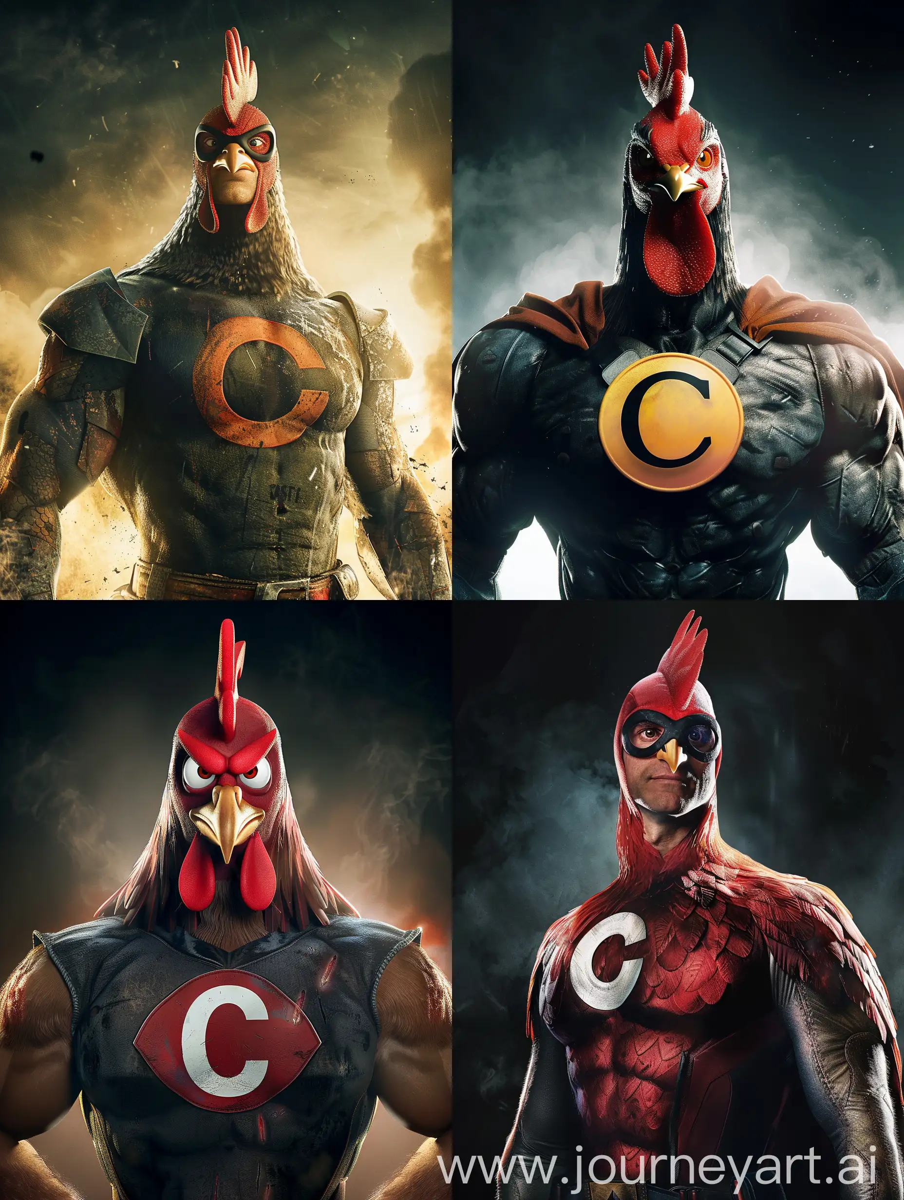 a movie poster for the super hero The Content Cockerel with a big C on his chest