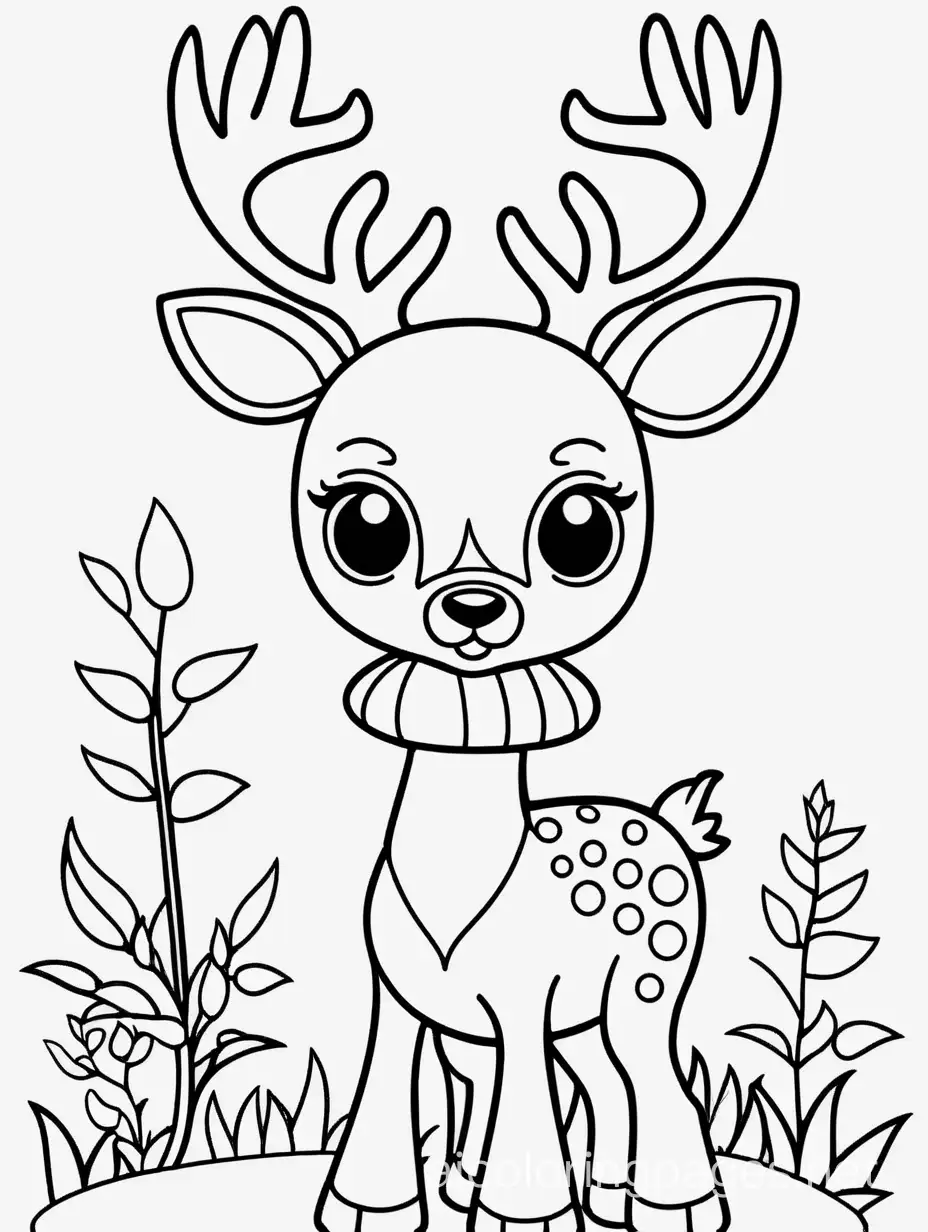 A cute deer, Coloring Page, black and white, line art, white background, Simplicity, Ample White Space. The background of the coloring page is plain white to make it easy for young children to color within the lines. The outlines of all the subjects are easy to distinguish, making it simple for kids to color without too much difficulty